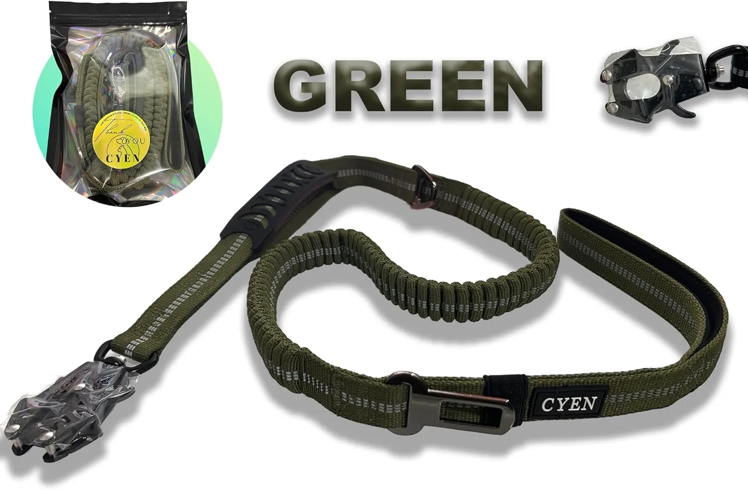 Heavy Duty! CYEN Dog Leash - 4ft to 5ft Adjustable Shock Absorbing Bungee Leash - Reflective Strips - Reliable Frog Clip - Comfortable Diving Cotton Handle - Car Safety Buckle for Safe Travel (Green)