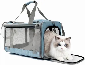 HSC PET Cat Carrier Blue Small Dog Bag,Soft-Sided Temporary Kennel for Puppy Traveling,5 Ventilated Mesh Windows with Curtains,Airline Approved