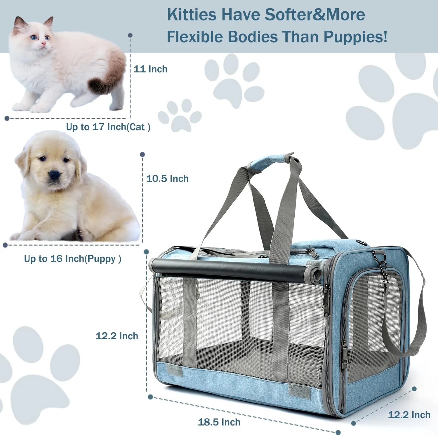 HSC PET Cat Carrier Blue Small Dog Bag,Soft-Sided Temporary Kennel for Puppy Traveling,5 Ventilated Mesh Windows with Curtains,Airline Approved