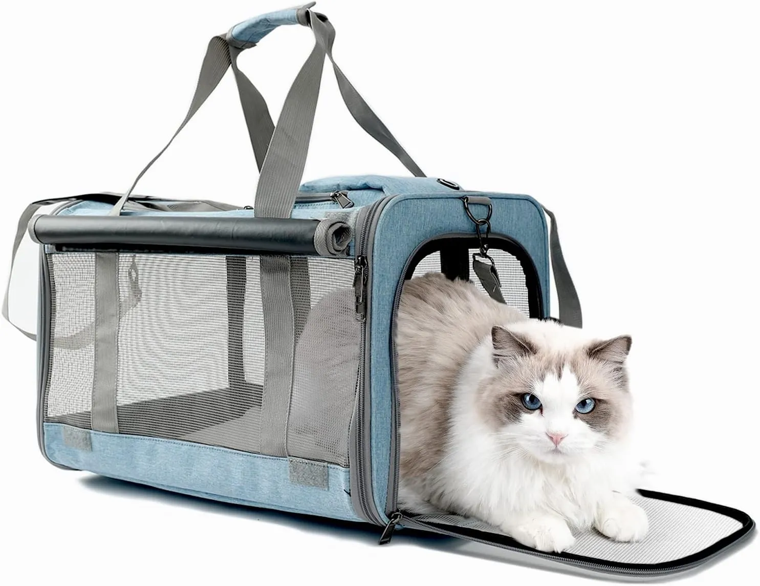 HSC PET Cat Carrier Blue Small Dog Bag,Soft-Sided Temporary Kennel for Puppy Traveling,5 Ventilated Mesh Windows with Curtains,Airline Approved