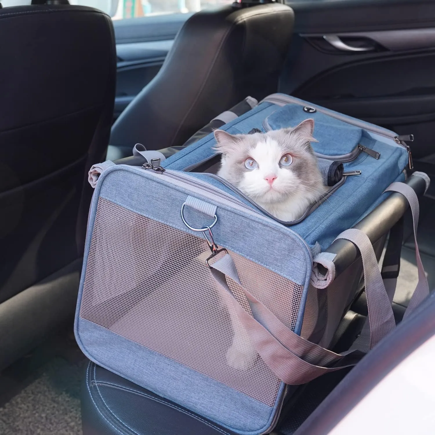 HSC PET Cat Carrier Blue Small Dog Bag,Soft-Sided Temporary Kennel for Puppy Traveling,5 Ventilated Mesh Windows with Curtains,Airline Approved