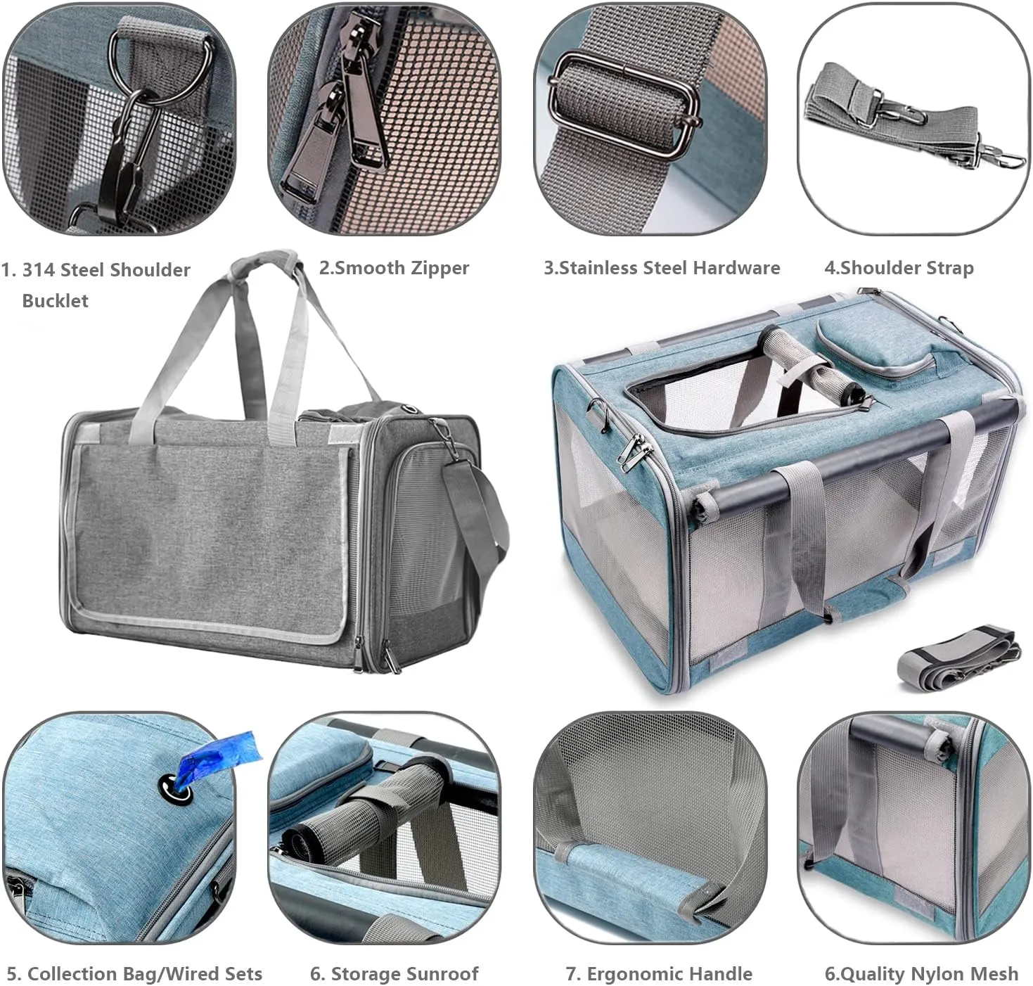 HSC PET Cat Carrier Blue Small Dog Bag,Soft-Sided Temporary Kennel for Puppy Traveling,5 Ventilated Mesh Windows with Curtains,Airline Approved