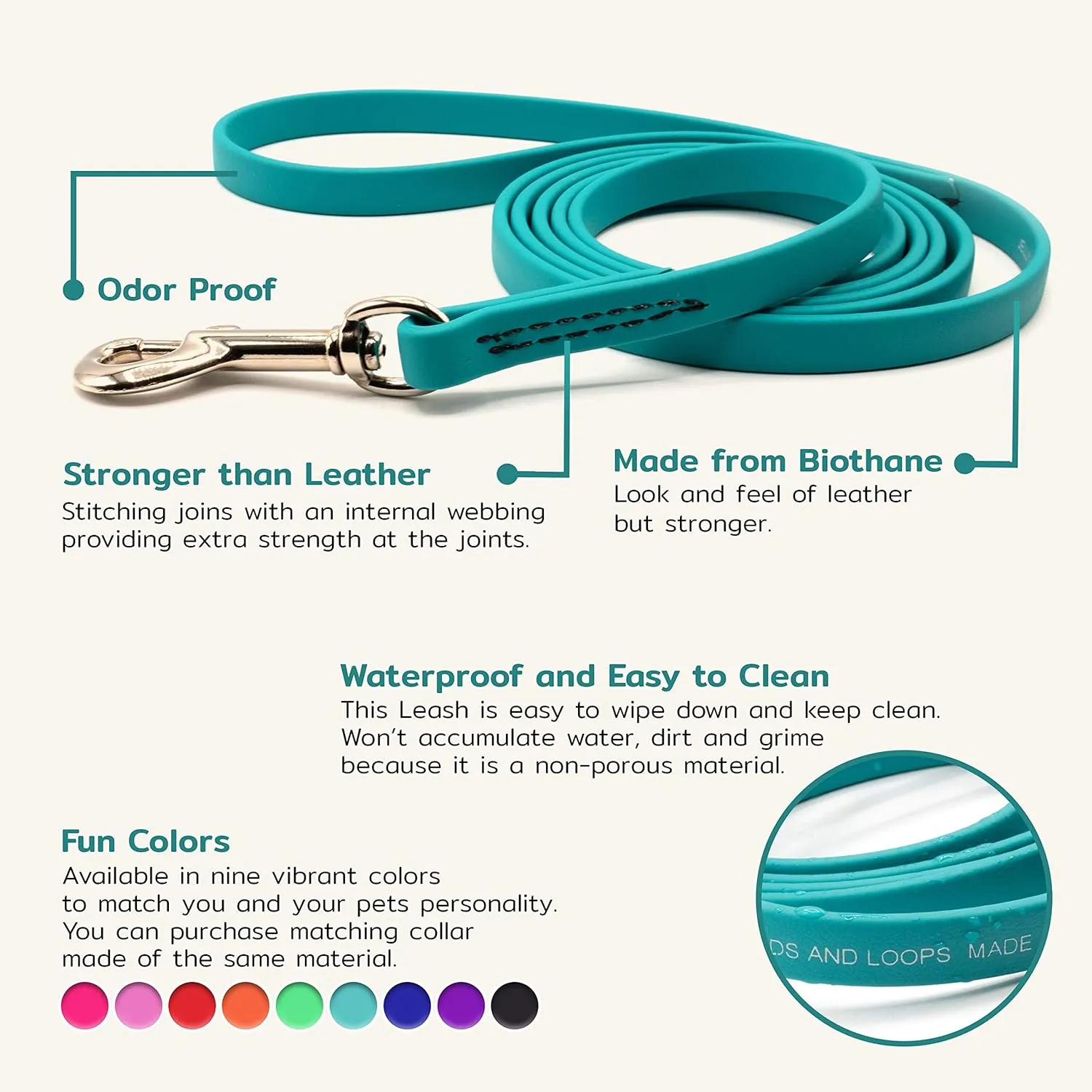 Jelly Pet Leash l Waterproof and Easy to Clean l Made in America l Stronger Than Leather (3/8'' x 6', Teal)