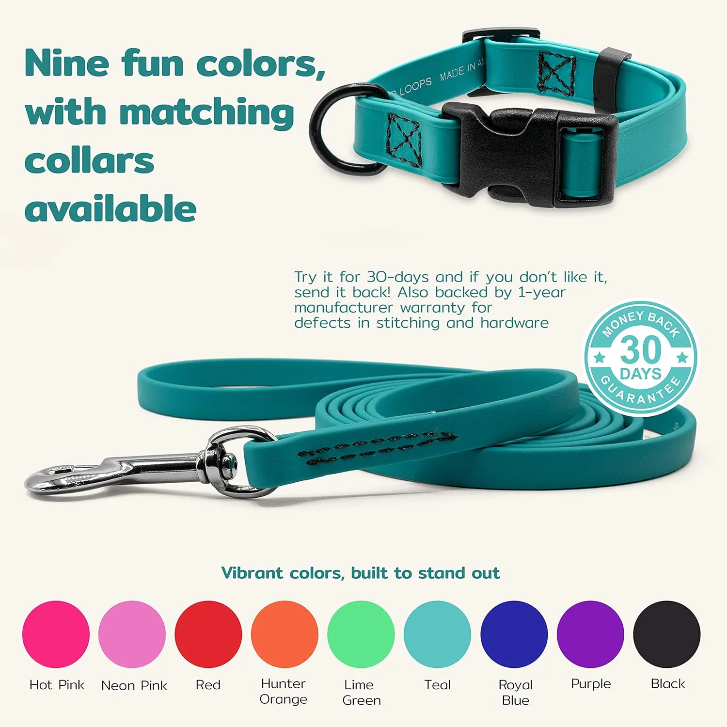 Jelly Pet Leash l Waterproof and Easy to Clean l Made in America l Stronger Than Leather (3/8'' x 6', Teal)