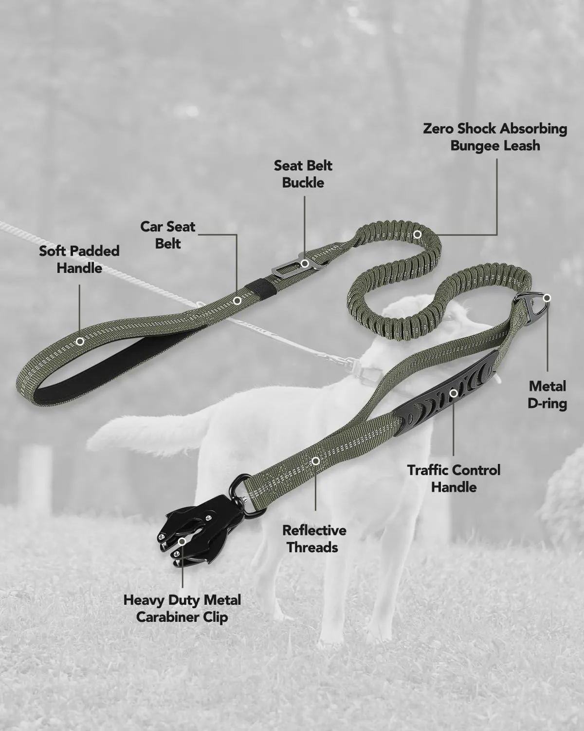 Joytale Tactical Dog Leash Heavy Duty, 4-6FT Shock Absorbing Bungee Lead with 2 Padded Handle, Metal Carabiner Clip, Car Seatbelt, Strong No Pull Leash for Medium Large X-Large Dogs, Army Green