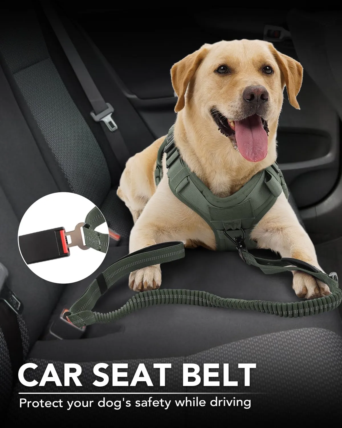 Joytale Tactical Dog Leash Heavy Duty, 4-6FT Shock Absorbing Bungee Lead with 2 Padded Handle, Metal Carabiner Clip, Car Seatbelt, Strong No Pull Leash for Medium Large X-Large Dogs, Army Green