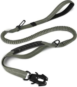 Joytale Tactical Dog Leash Heavy Duty, 4-6FT Shock Absorbing Bungee Lead with 2 Padded Handle, Metal Carabiner Clip, Car Seatbelt, Strong No Pull Leash for Medium Large X-Large Dogs, Army Green