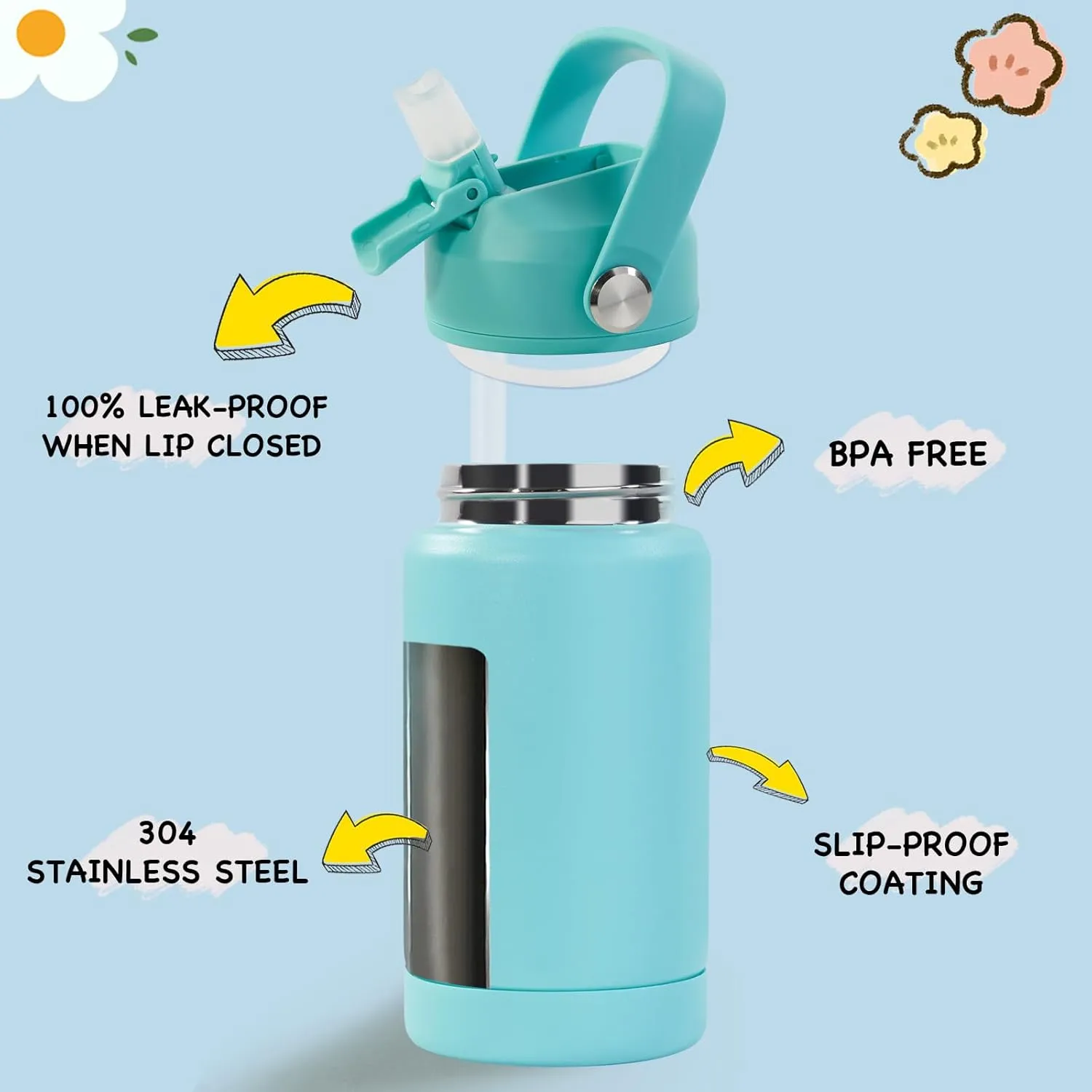 Kerilyn 12oz Insulated Water Bottle For Kids, Stainless Steel Insulated Kids Water Bottle, Toddler Cup With Straws Leak-proof, Kids Water Bottles For School Boys Girls, BPA Free, Green