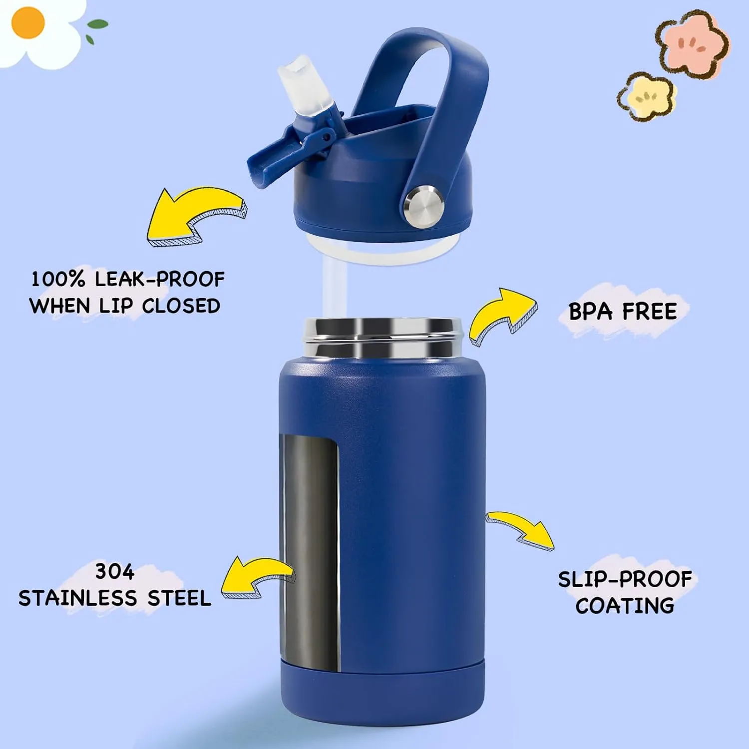 Kerilyn 12oz Kids Water Bottle, Stainless Steel Insulated Water Bottle For Kids, Toddler Cup With Straws Leak-proof, Kids Water Bottles For School Boys Girls, BPA Free, Blue
