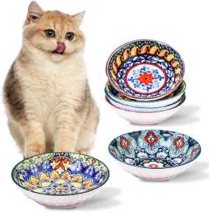 KXZ Bohemian 6-Piece Cat Bowl Set, 5.8" Wide Shallow Ceramic Food Dishes, 9oz Whisker-Friendly Kitten Bowls, Colorful Cute Flat Ceramic Bowls for Food, Ideal for Whisker Fatigue Relief