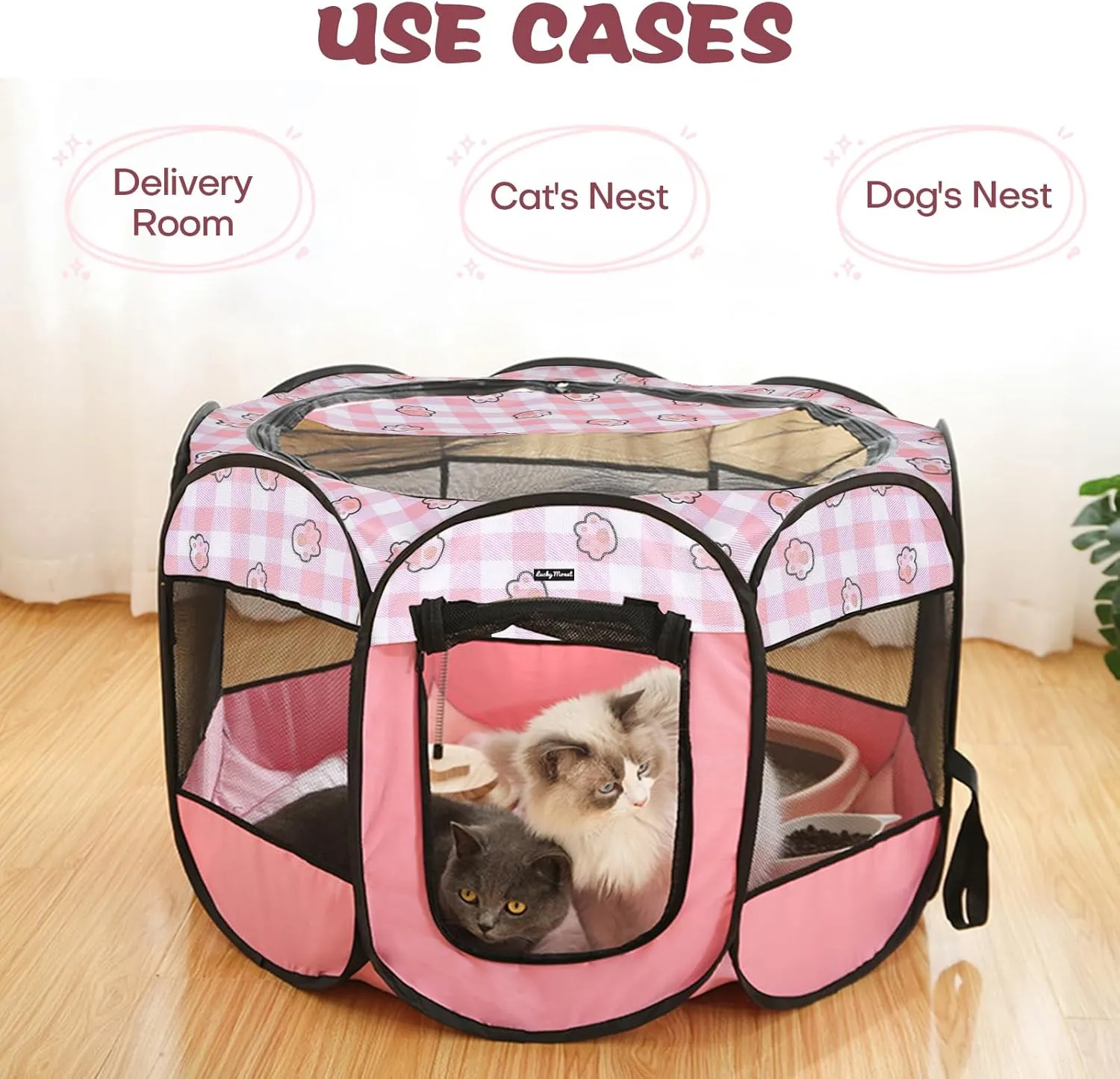 Lucky Monet Foldable Dog Playpen Cat Puppy Playpen Indoor Pop Up Pet Animal Playpen Outdoor Kennel Cage Pen Tent for Small Medium Dog Puppy Cat Kitten Rabbit - Large, Pink