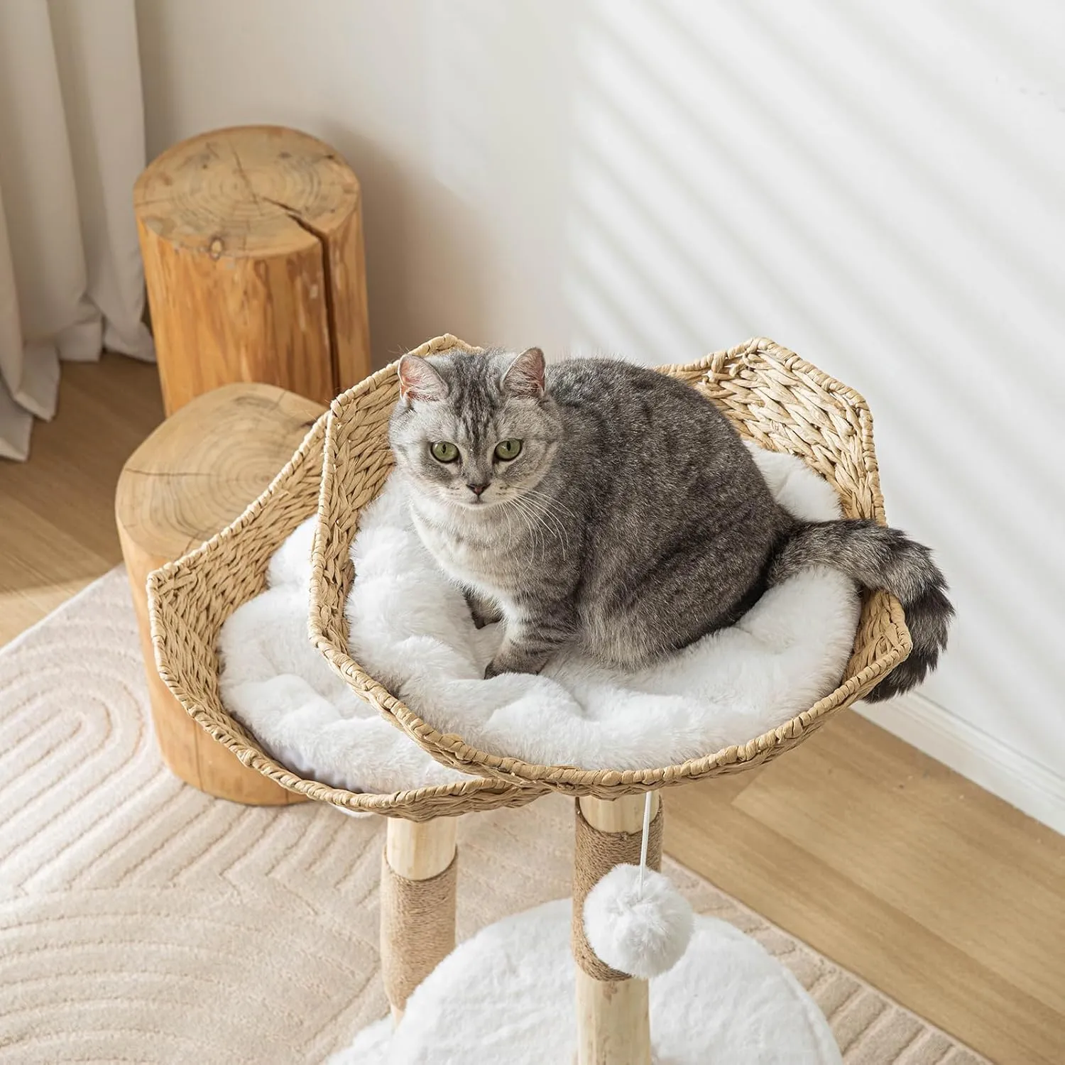 Modern Cat Tree for Indoor Cats Large Adult 46" Tall,Wooden Cat Tower for Large Cats with Scratching Post,Luxury Cat Condo, White.