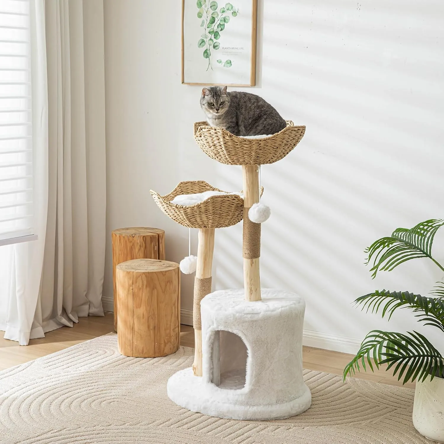 Modern Cat Tree for Indoor Cats Large Adult 46" Tall,Wooden Cat Tower for Large Cats with Scratching Post,Luxury Cat Condo, White.