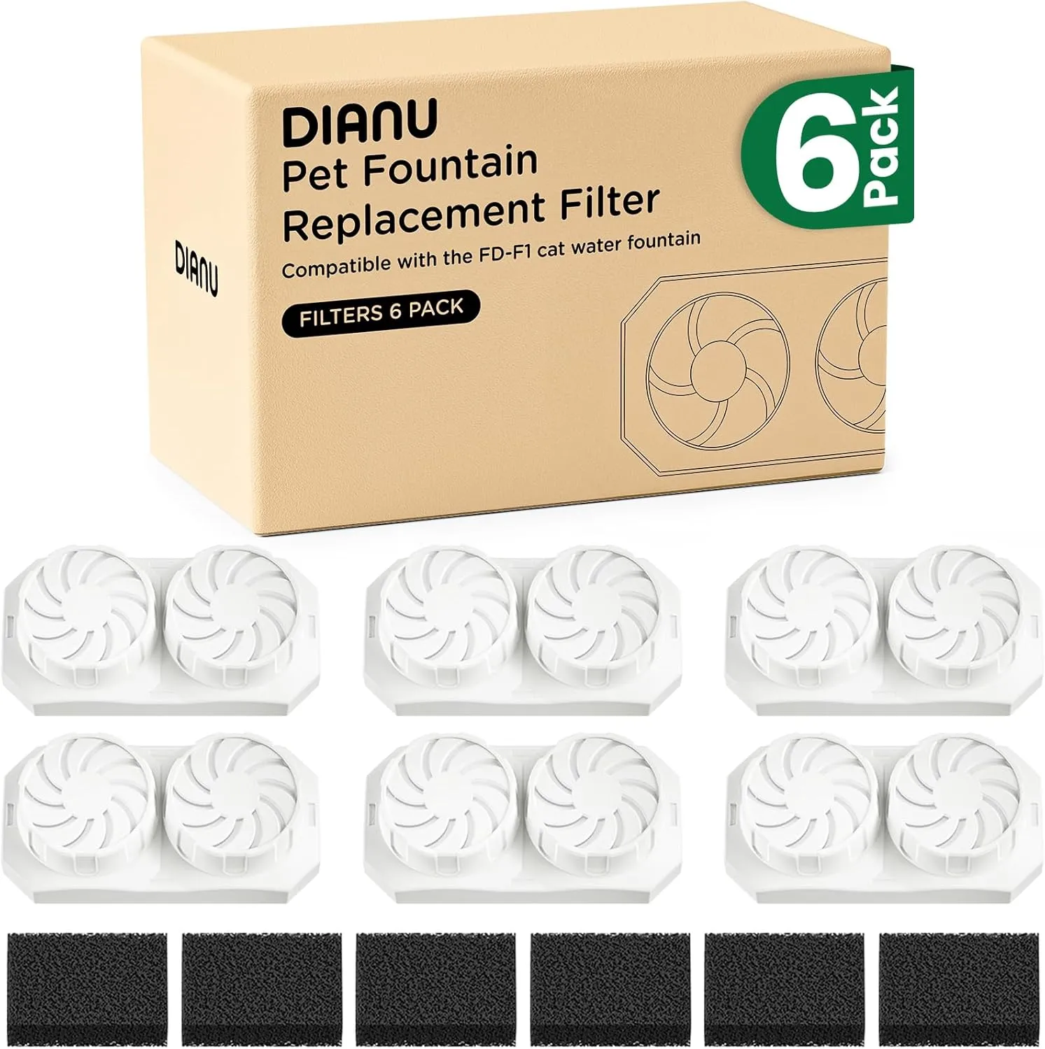 Official Cat Water Fountain Replacement Filters & Pre-Filter Sponges for 3.2L/108oz Stainless Steel Pet Fountain (6 Pack)