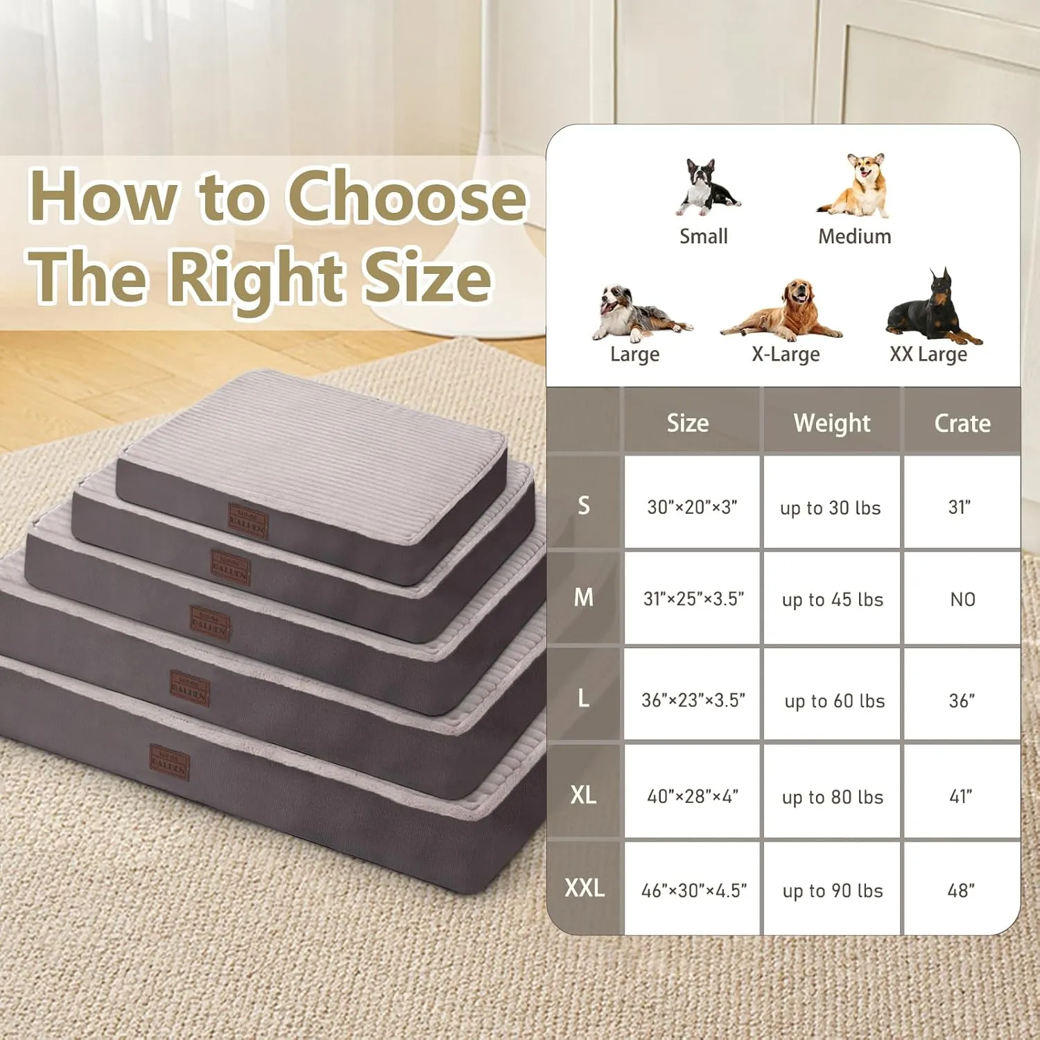 Orthopedic Dog Beds for Large, Medium, Small Dogs - Plush Washable with Egg Crate Foam, Waterproof with Removable Cover & Anti-Slip Bottom, Comfy Striped Dog Bed for Crate, 36x23 Inch, Gray