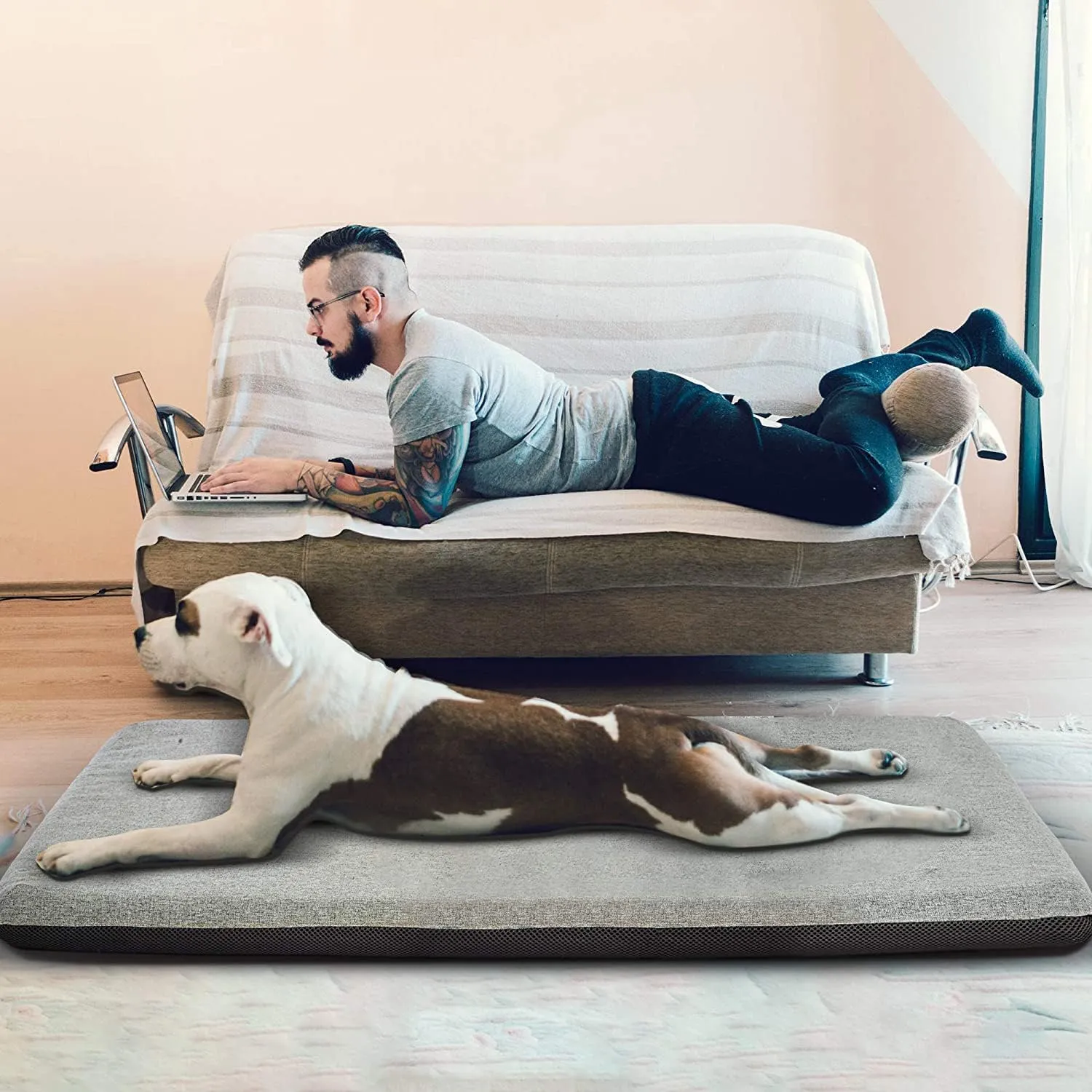 Panku Orthopedic Dog Beds for Median Dogs, Dog Pad for Crate with Durable Washable Waterproof Linen Removable Cover, Grey