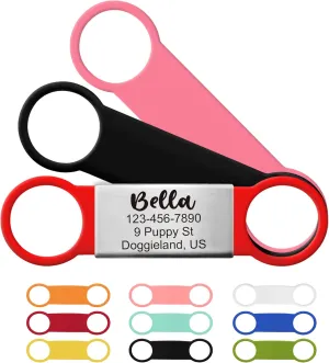 PAWNIMALS Stainless Steel Pet Tag ID, Slide On - 3 Silicone Bands, Silent, Custom Paw Prints & Bone Dog Tags, Cat Name Engraved, No Jingle, Big Dogs & Small Puppies, Multiple Colors & Sizes