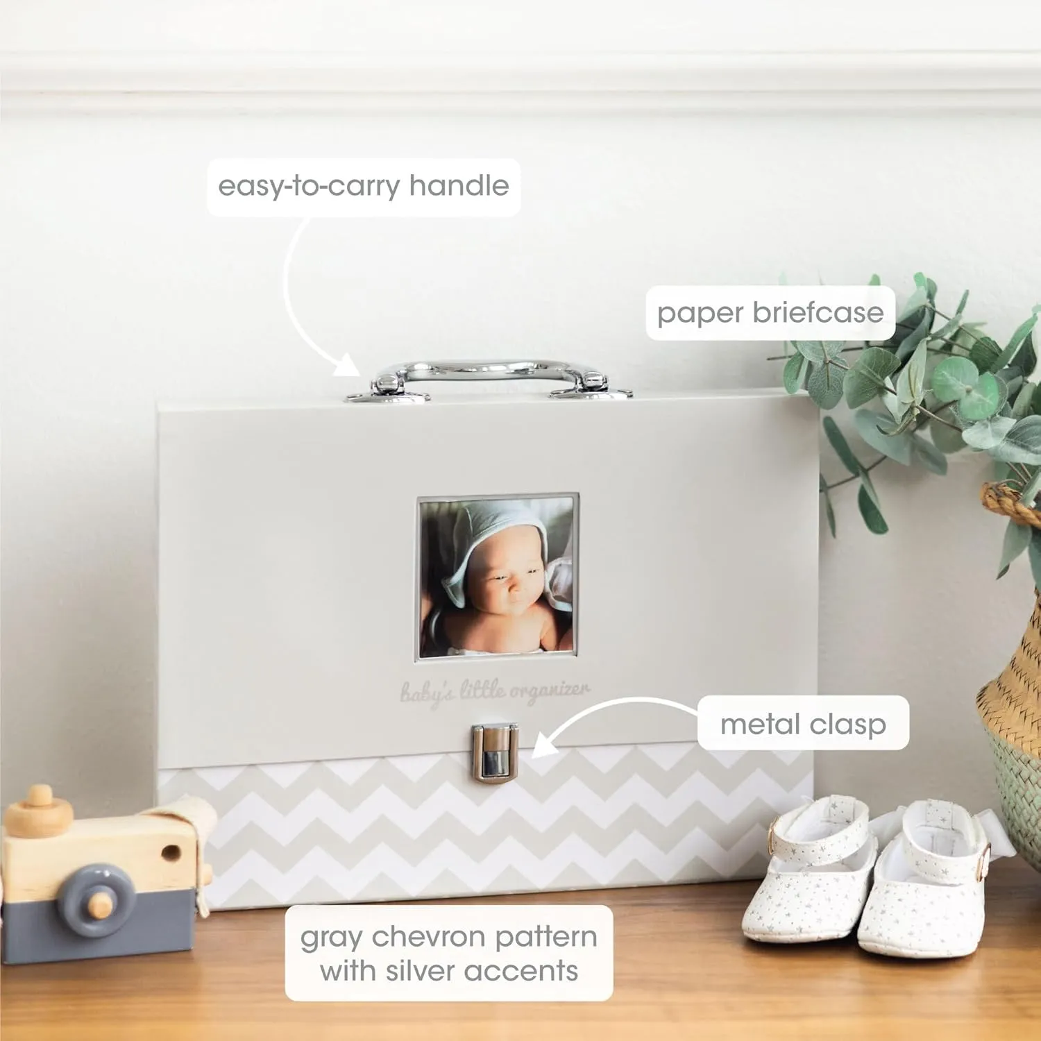 Pearhead Baby Briefcase and Document Organizer, All In One Expanding File Folder, Baby's Paperwork and Records, Newborn Keepsake and Memory Box with Labels, Baby Girl or Baby Boy Gift, Gray Chevron