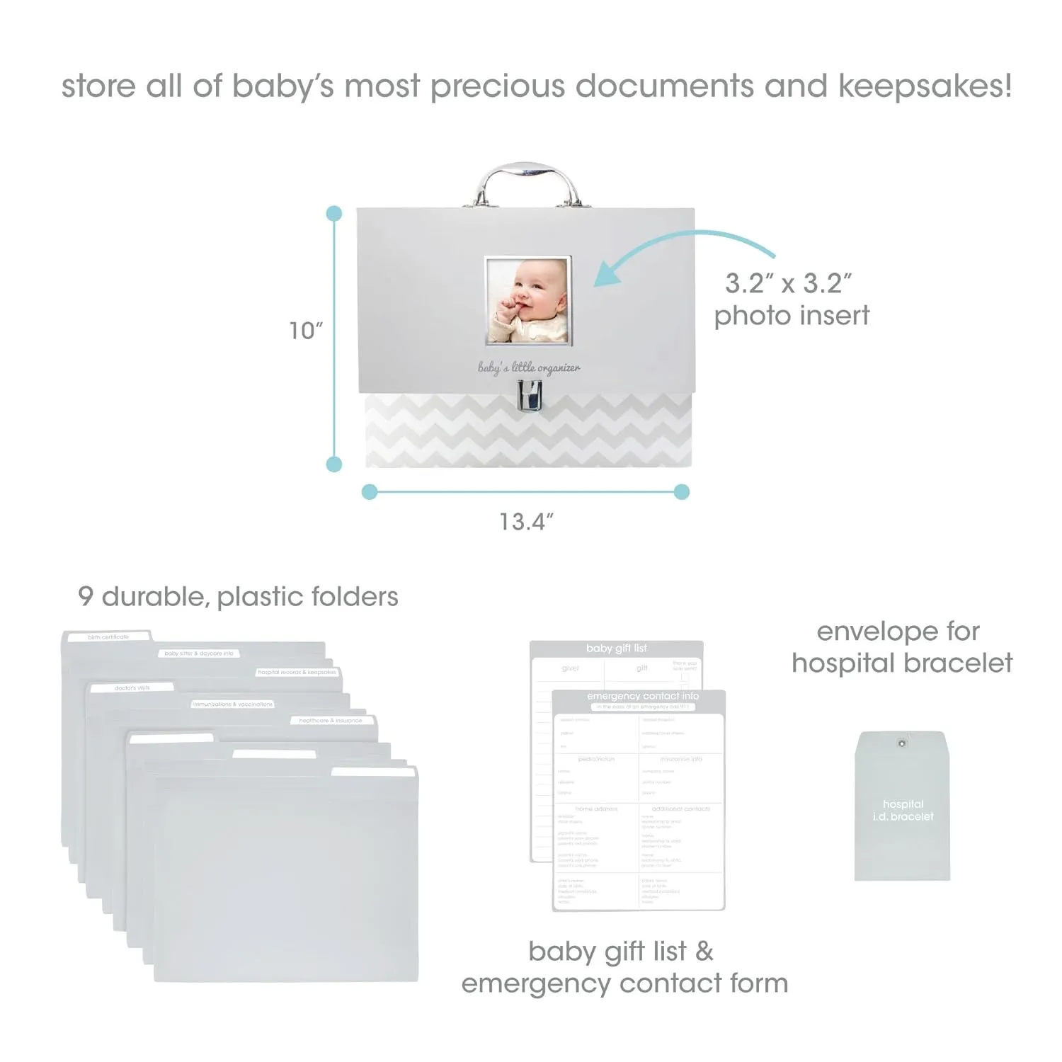 Pearhead Baby Briefcase and Document Organizer, All In One Expanding File Folder, Baby's Paperwork and Records, Newborn Keepsake and Memory Box with Labels, Baby Girl or Baby Boy Gift, Gray Chevron