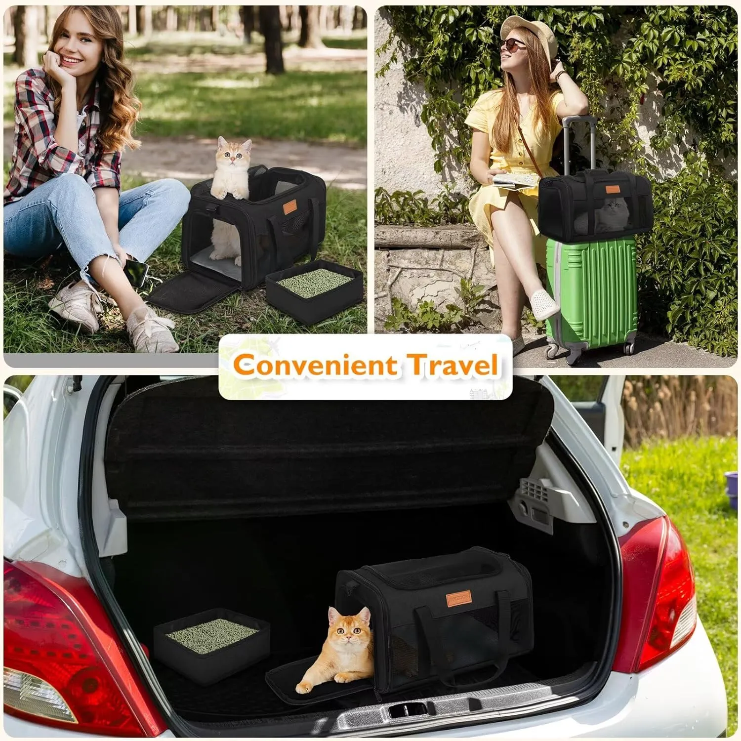 PETUX Pet Carrier Airline Approved for Small Cats, 17"x11"x9.5" Cat Carrier Soft with Anti-Scratch Mesh, Top Open Portable Cat Travel Carriers with Little Box for Cats Up to 15 Lbs (Black)