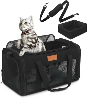 PETUX Pet Carrier Airline Approved for Small Cats, 17"x11"x9.5" Cat Carrier Soft with Anti-Scratch Mesh, Top Open Portable Cat Travel Carriers with Little Box for Cats Up to 15 Lbs (Black)