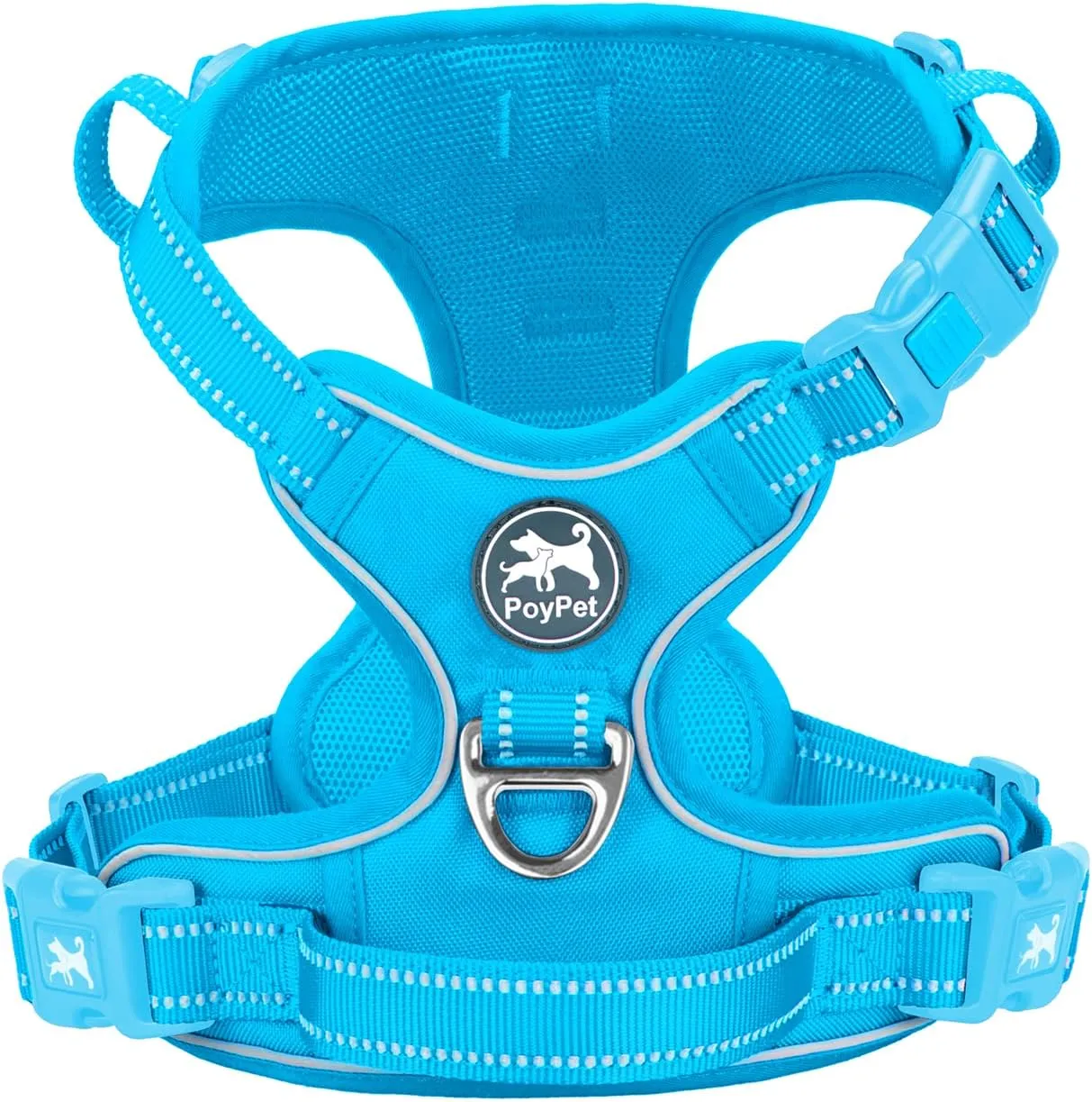 PoyPet No Pull Dog Harness, No Choke Reflective Dog Vest, Adjustable Pet Harnesses with Easy Control Padded Handle for Small Medium Large Dogs(Blue,L)