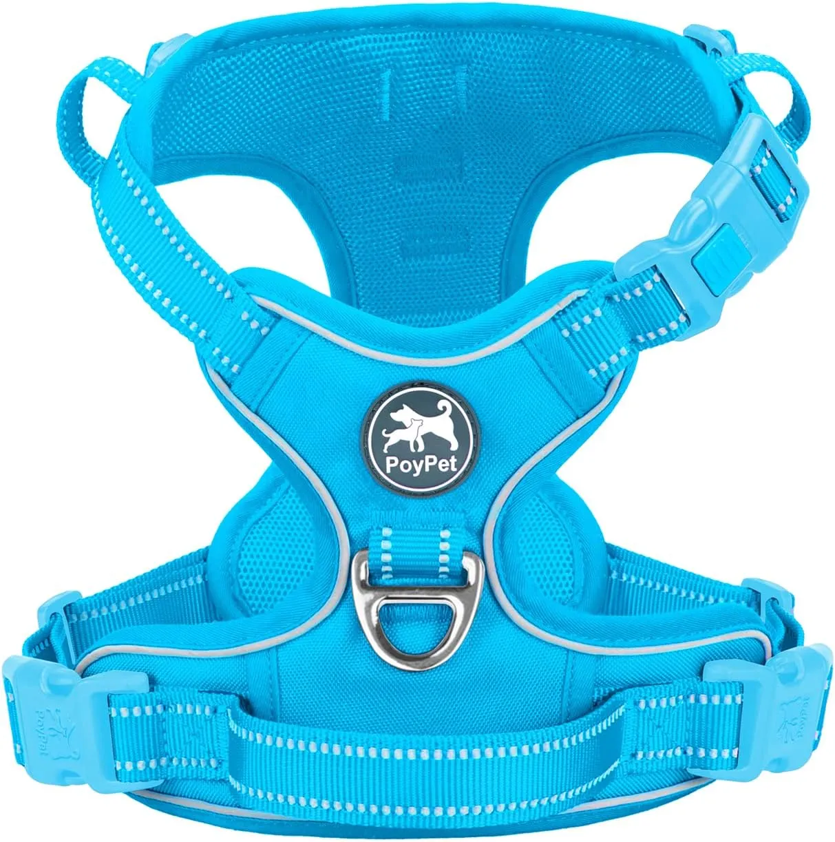 PoyPet No Pull Dog Harness, No Choke Reflective Dog Vest, Adjustable Pet Harnesses with Easy Control Padded Handle for Small Medium Large Dogs(Blue,L)