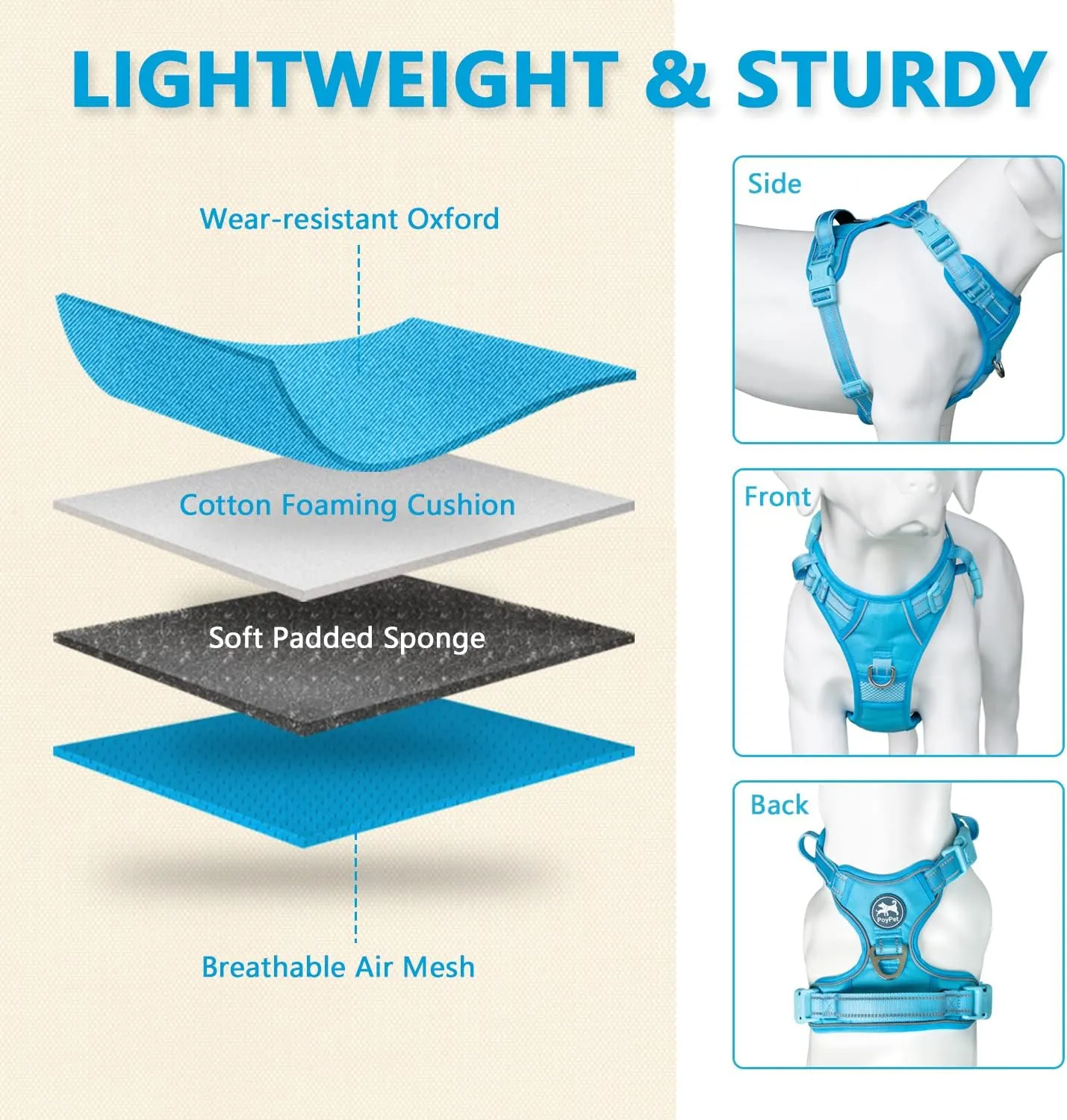 PoyPet No Pull Dog Harness, No Choke Reflective Dog Vest, Adjustable Pet Harnesses with Easy Control Padded Handle for Small Medium Large Dogs(Blue,L)