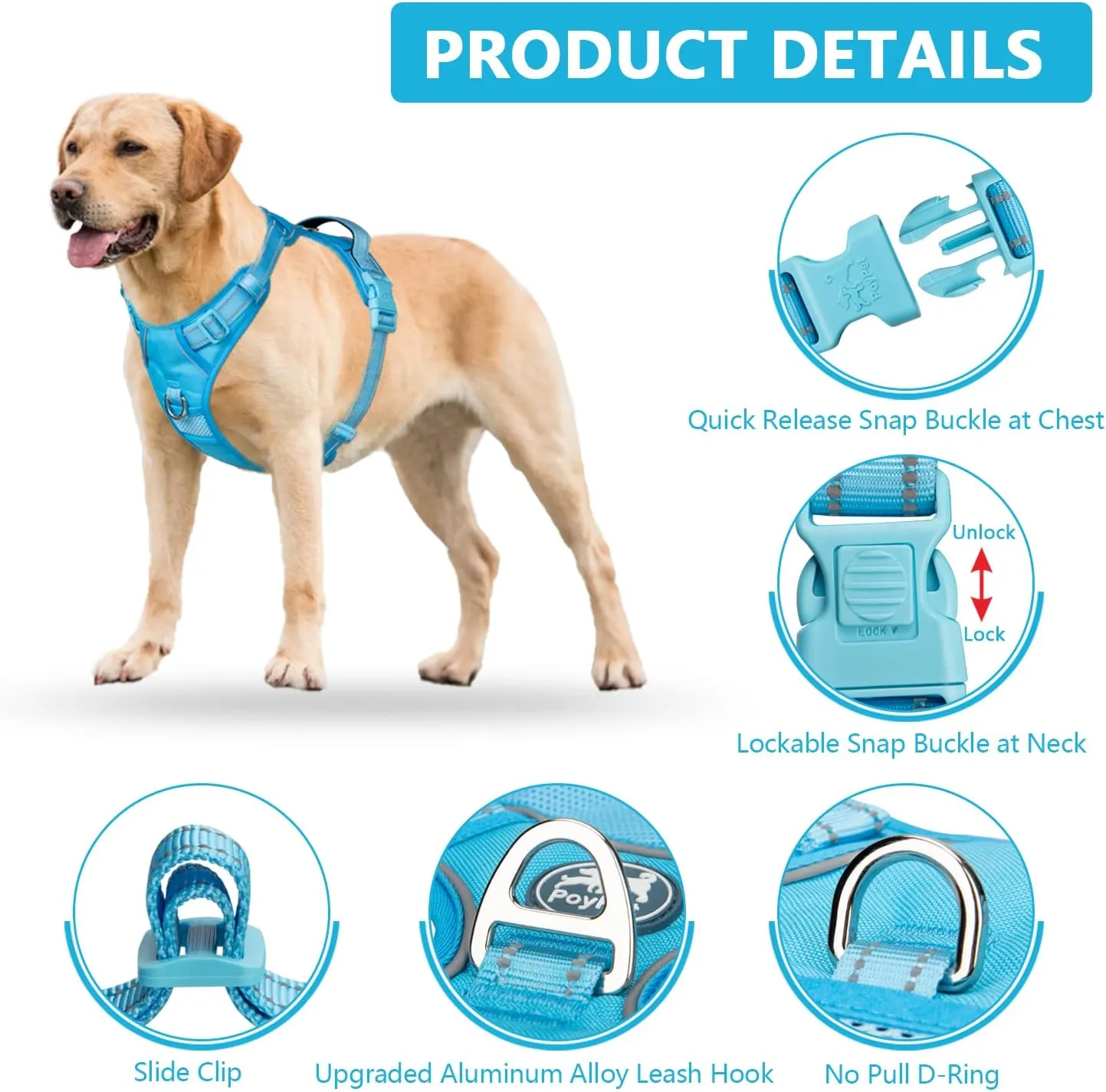 PoyPet No Pull Dog Harness, No Choke Reflective Dog Vest, Adjustable Pet Harnesses with Easy Control Padded Handle for Small Medium Large Dogs(Blue,L)