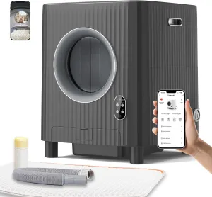 Self Cleaning Cat Litter Box,Electric Entrance Door Automatic Cat Litter Box,Video Monitor,Large Capacity for Multiple Cats with Mat-Anti-Pinch/Odor-Removal/APP Control
