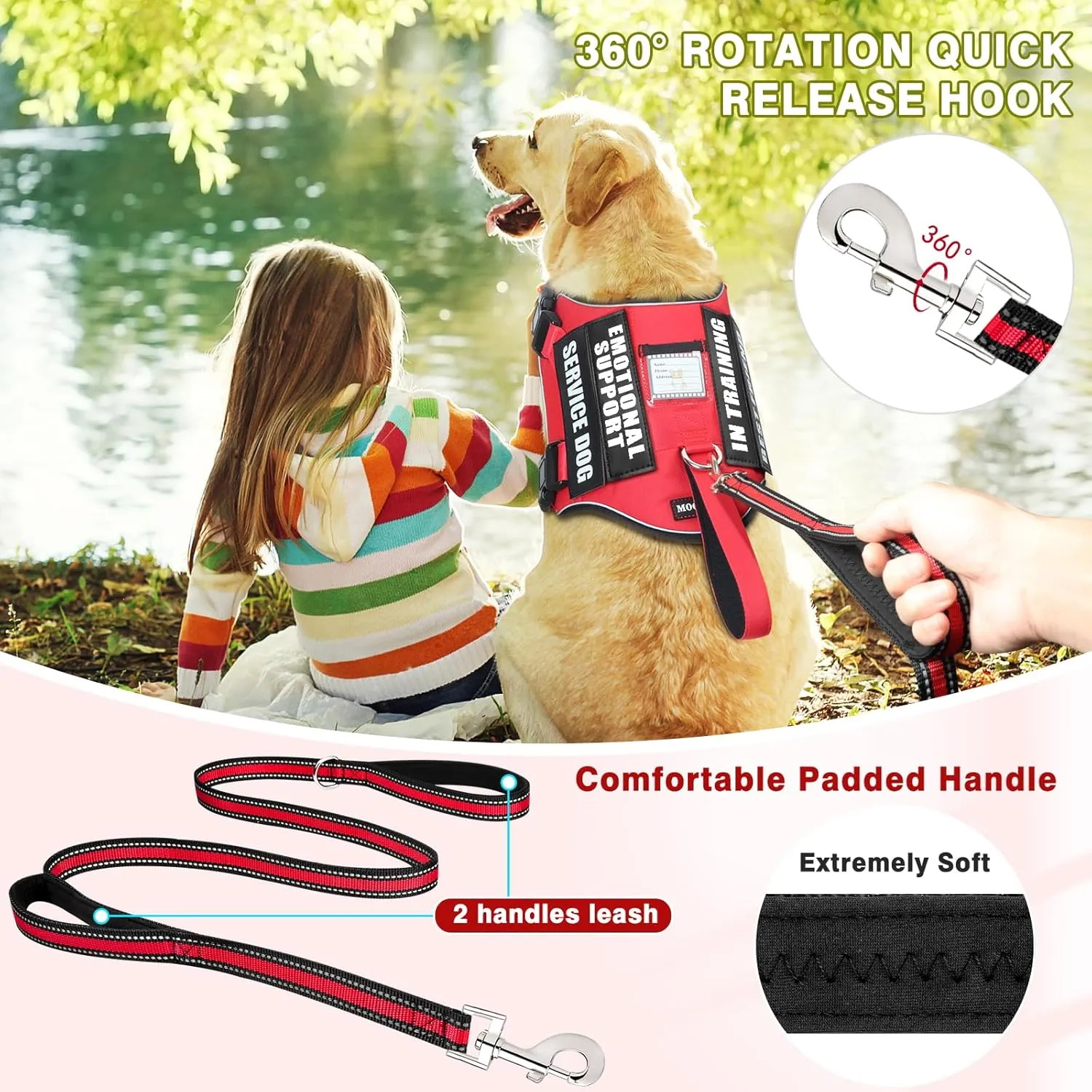 Service Dog Vest Harness and Leash Set 10 Patches,No Pull&Adjustable Reflective Dog Harness with Soft Padded Handle for Training/Everyday,Fit Small/Medium/Large/Extra-Large Dogs (Red S)