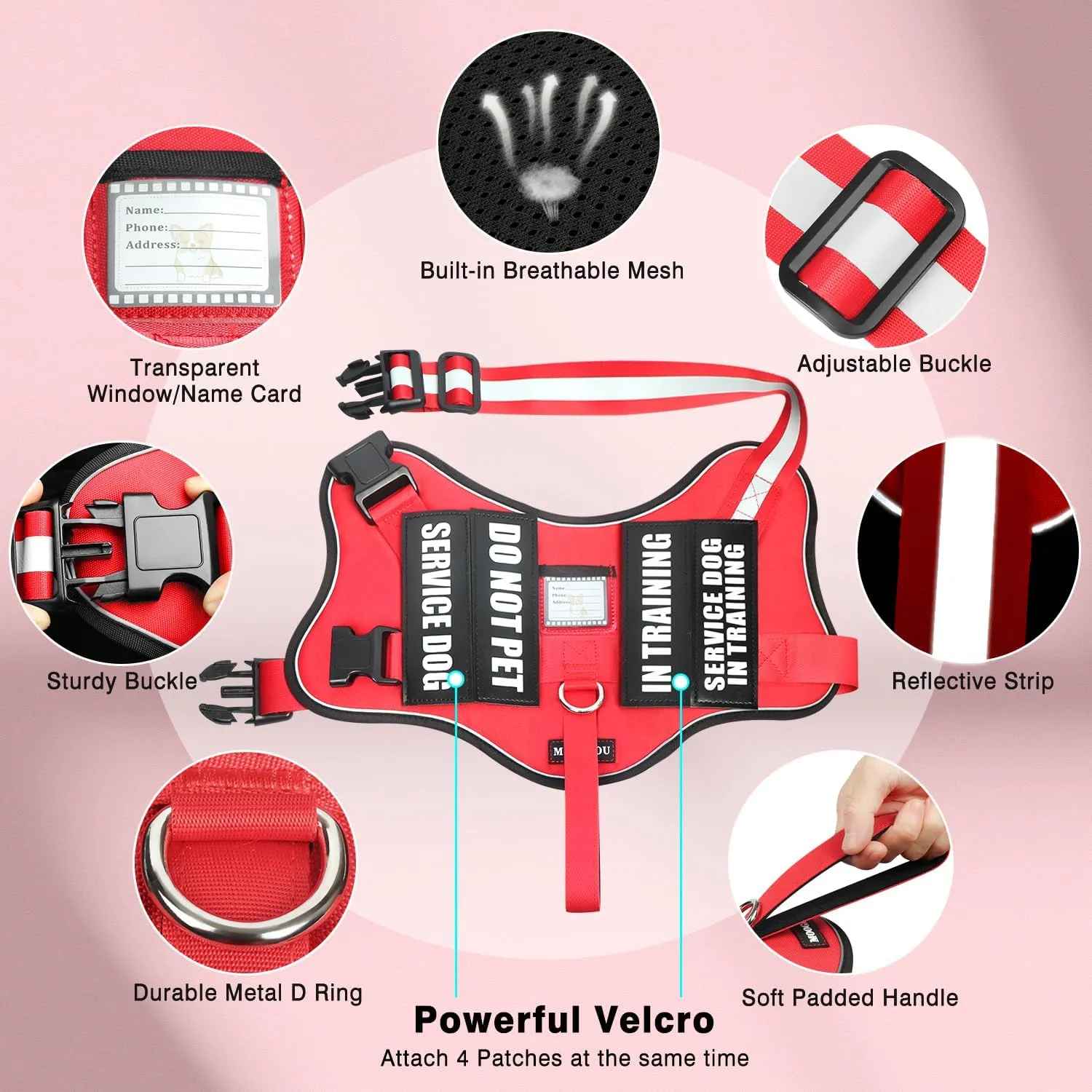 Service Dog Vest Harness and Leash Set 10 Patches,No Pull&Adjustable Reflective Dog Harness with Soft Padded Handle for Training/Everyday,Fit Small/Medium/Large/Extra-Large Dogs (Red S)