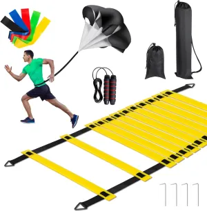 Soccer Training Equipment Set, 20 Feet 12 Rungs Pro Speed & Agility Ladder, Resistance Parachute, Jump Rope, 5 Resistance Bands with Carrying Bag