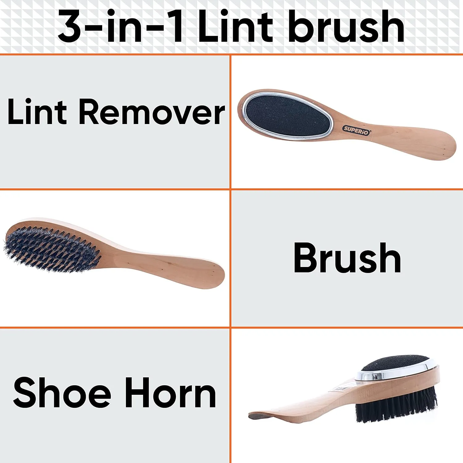 Superio Clothes Brush Garment Brush Pet Hair Remover 3 in 1 Lint Brush, Clothing Brush, and Shoe Horn for Suit, Wool Coat, Sweaters, Shoes, Double Sided Portable Depiller with Wood Handle (3) -Superio