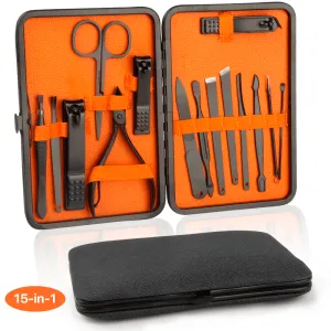 SUPTREE 15-Piece Nail Manicure Set for Women Men Pedicure Kit Black Stainless Steel for Facial Cuticle and Nail Clippers Care