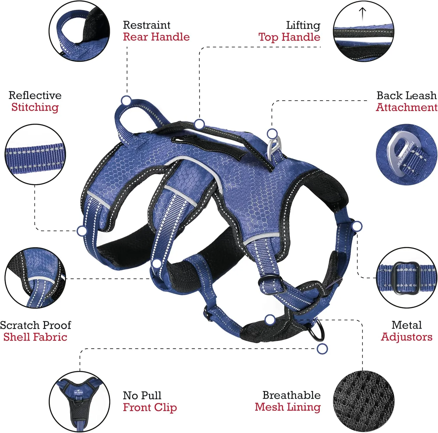 Tuff Pupper Escape Proof No Escape Dog Harness | 5 Point Adjustable Fit Harness for Dogs | Padded Dog Harnesses | Handle Dog Lift Harnesses