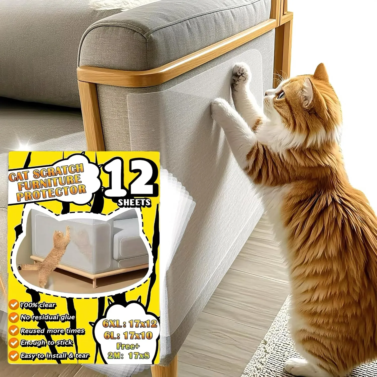 Ultra Clear Anti Cat Scratch Furniture Protector for Leather (17x12 Inch) - 14 Pack, Designed for Leather Couch Protector for Cat Claws, Single Side, Reusable, No Residue, No Pins, No Damage