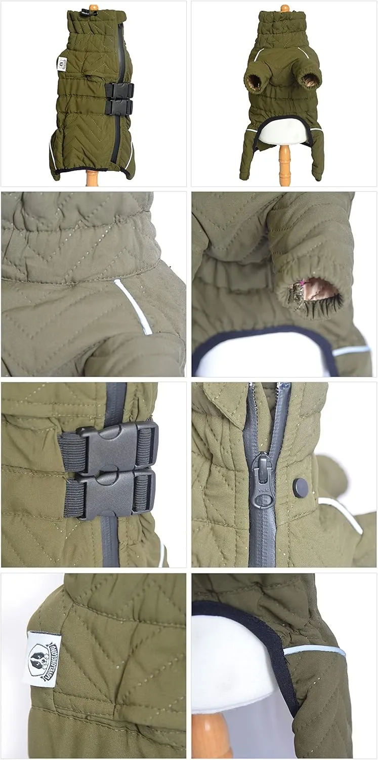 Warm Double Layers Dog Vest - 4 Legs Covered Windproof Waterproof Reflective Coat for Small Medium Large Dogs - Outdoor Skating Costume - Olive M