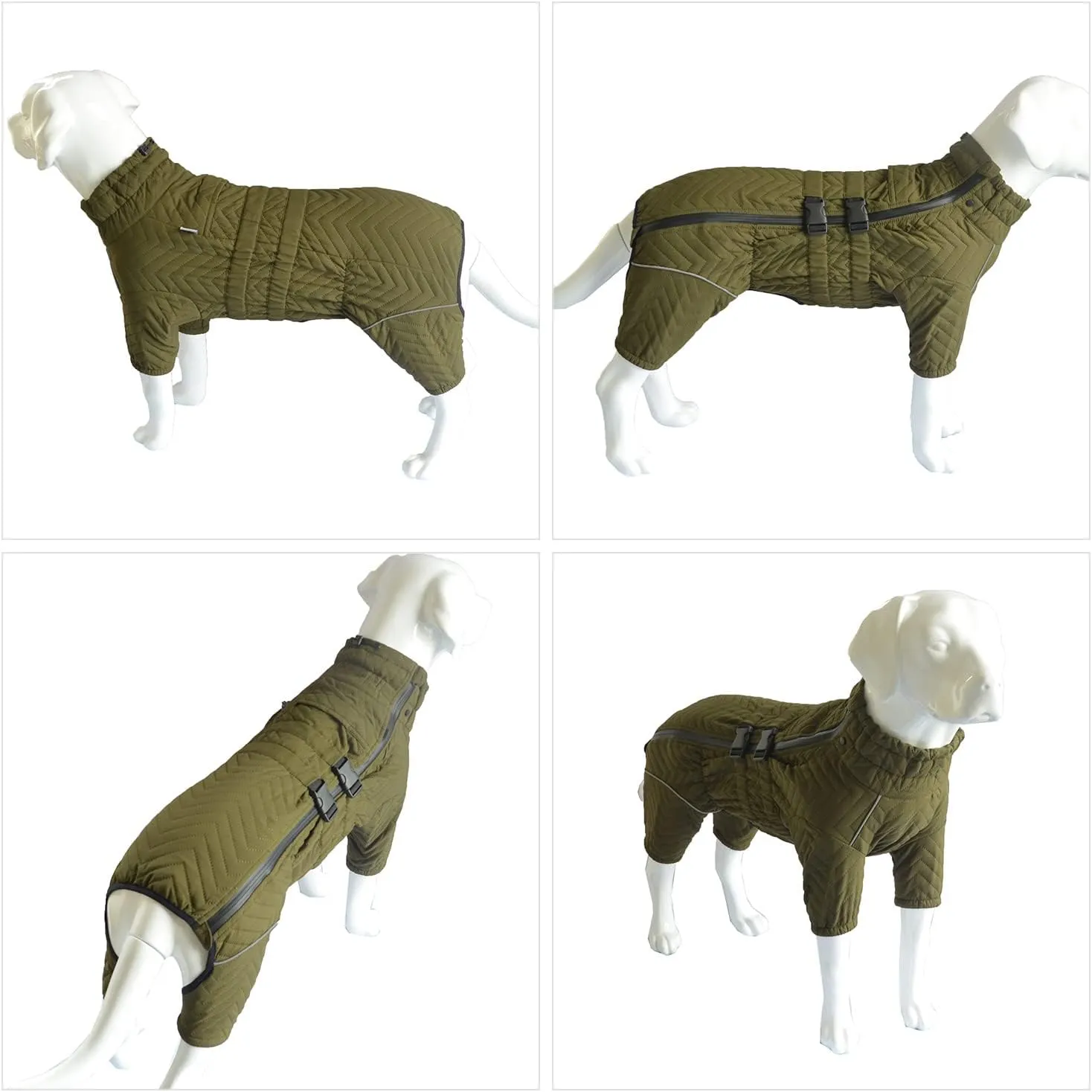 Warm Double Layers Dog Vest - 4 Legs Covered Windproof Waterproof Reflective Coat for Small Medium Large Dogs - Outdoor Skating Costume - Olive M