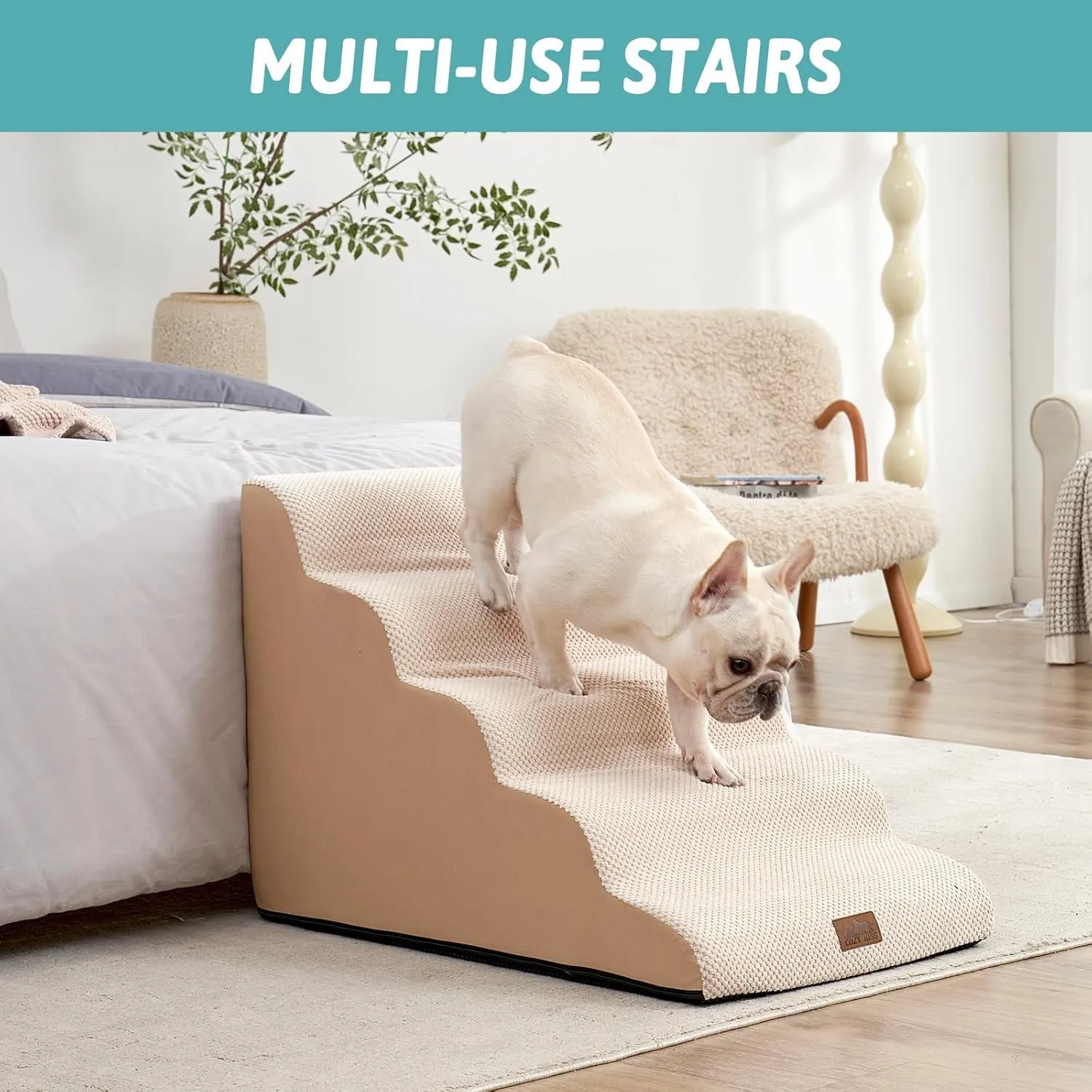 Wide Dog Stairs for Large Dogs 19.7" Width, Dog Step for Small Dogs, Puppy or Cat, Medium Pet Ramp for High Bed or Car, High Density Foam Ladder, 19.7x33x22.4 in, Stable, 5 Step, Beige