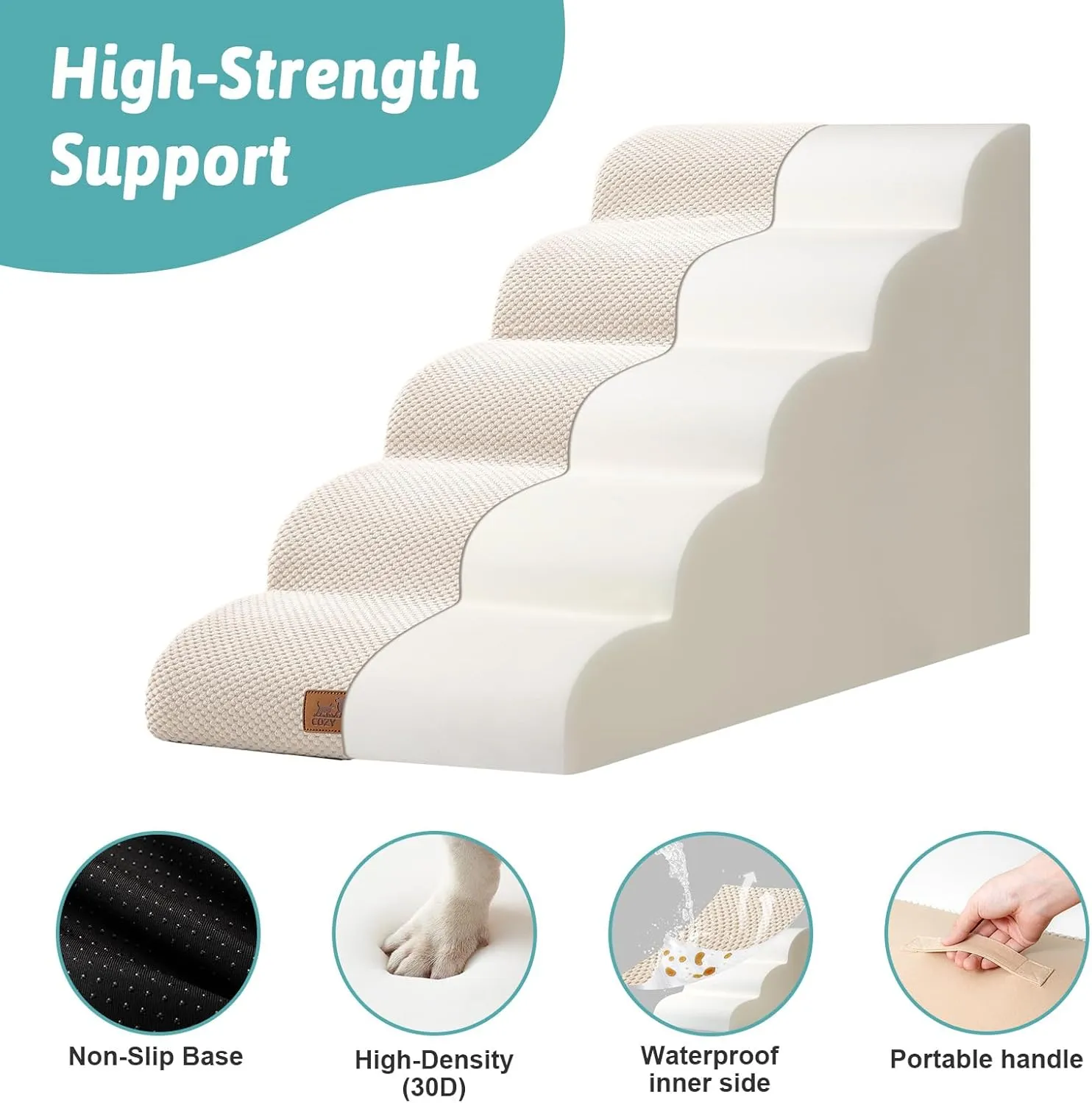 Wide Dog Stairs for Large Dogs 19.7" Width, Dog Step for Small Dogs, Puppy or Cat, Medium Pet Ramp for High Bed or Car, High Density Foam Ladder, 19.7x33x22.4 in, Stable, 5 Step, Beige