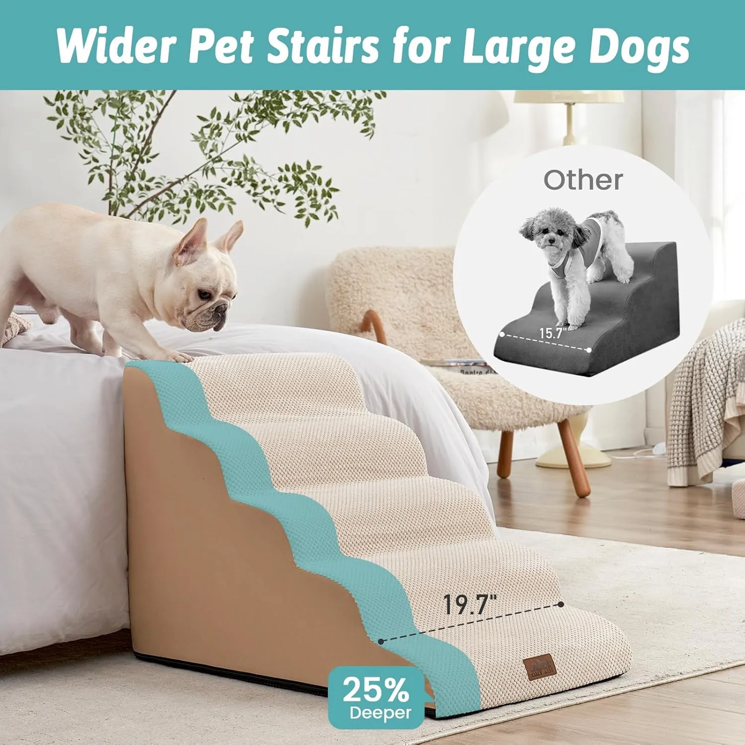 Wide Dog Stairs for Large Dogs 19.7" Width, Dog Step for Small Dogs, Puppy or Cat, Medium Pet Ramp for High Bed or Car, High Density Foam Ladder, 19.7x33x22.4 in, Stable, 5 Step, Beige