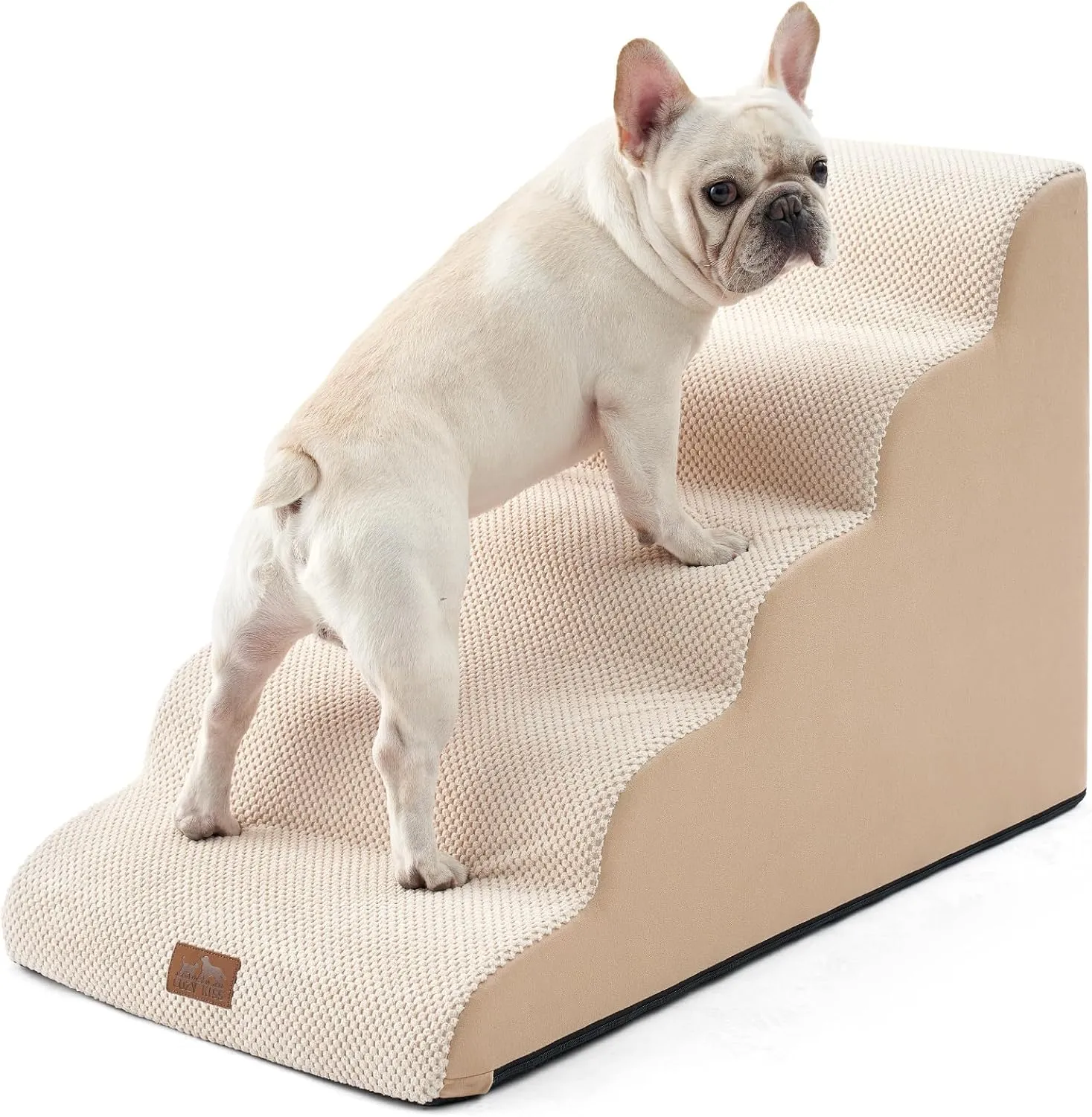 Wide Dog Stairs for Large Dogs 19.7" Width, Dog Step for Small Dogs, Puppy or Cat, Medium Pet Ramp for High Bed or Car, High Density Foam Ladder, 19.7x33x22.4 in, Stable, 5 Step, Beige