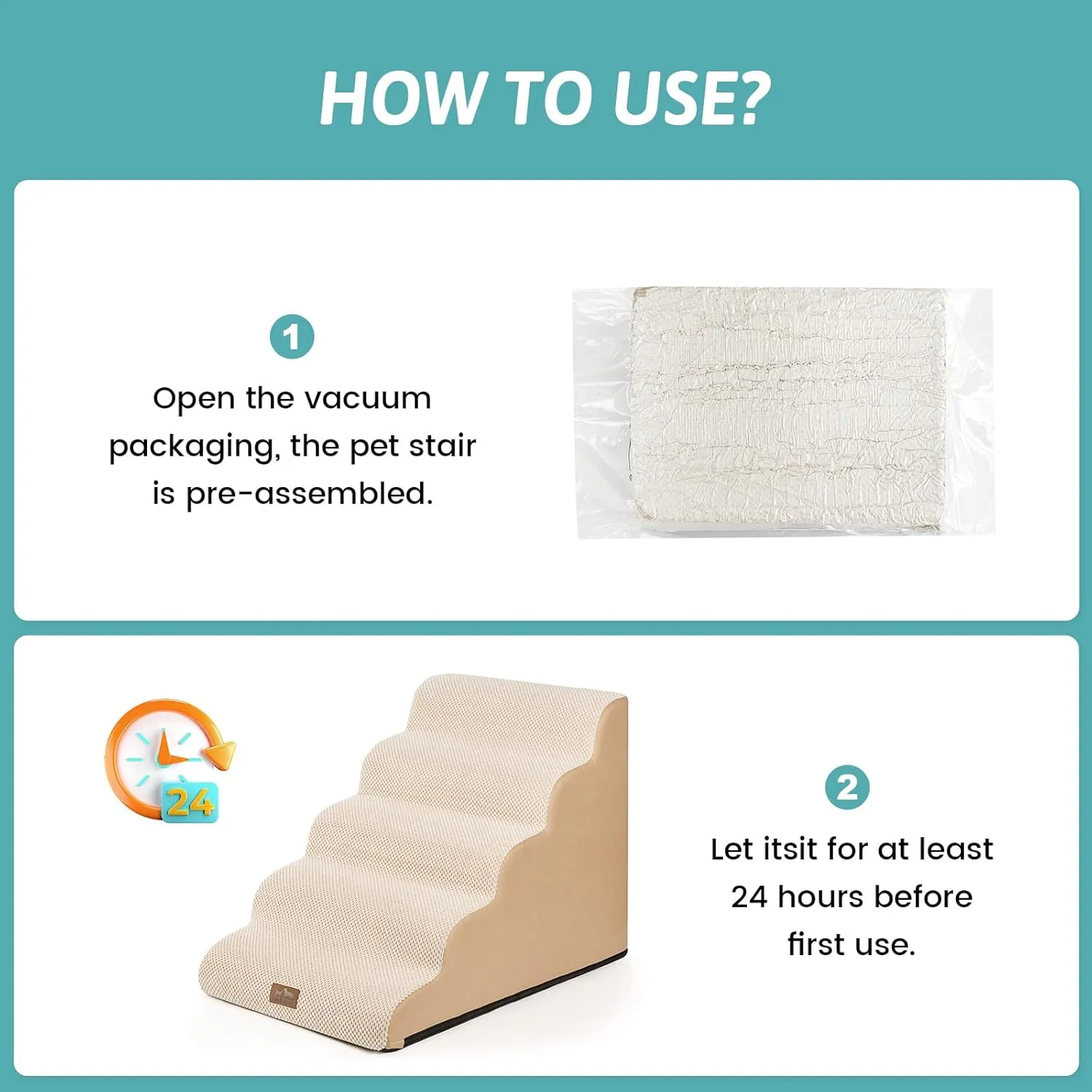 Wide Dog Stairs for Large Dogs 19.7" Width, Dog Step for Small Dogs, Puppy or Cat, Medium Pet Ramp for High Bed or Car, High Density Foam Ladder, 19.7x33x22.4 in, Stable, 5 Step, Beige