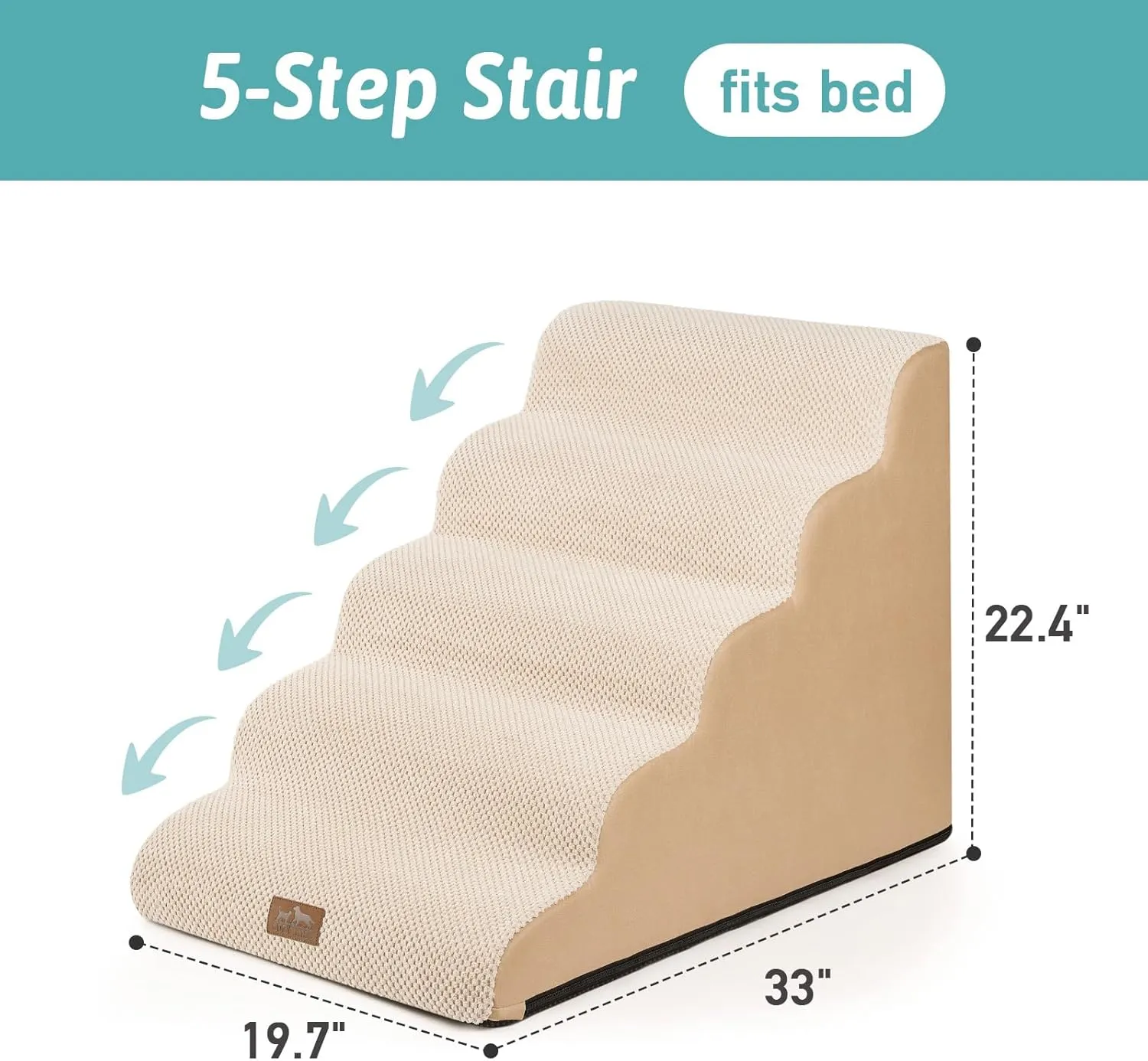 Wide Dog Stairs for Large Dogs 19.7" Width, Dog Step for Small Dogs, Puppy or Cat, Medium Pet Ramp for High Bed or Car, High Density Foam Ladder, 19.7x33x22.4 in, Stable, 5 Step, Beige