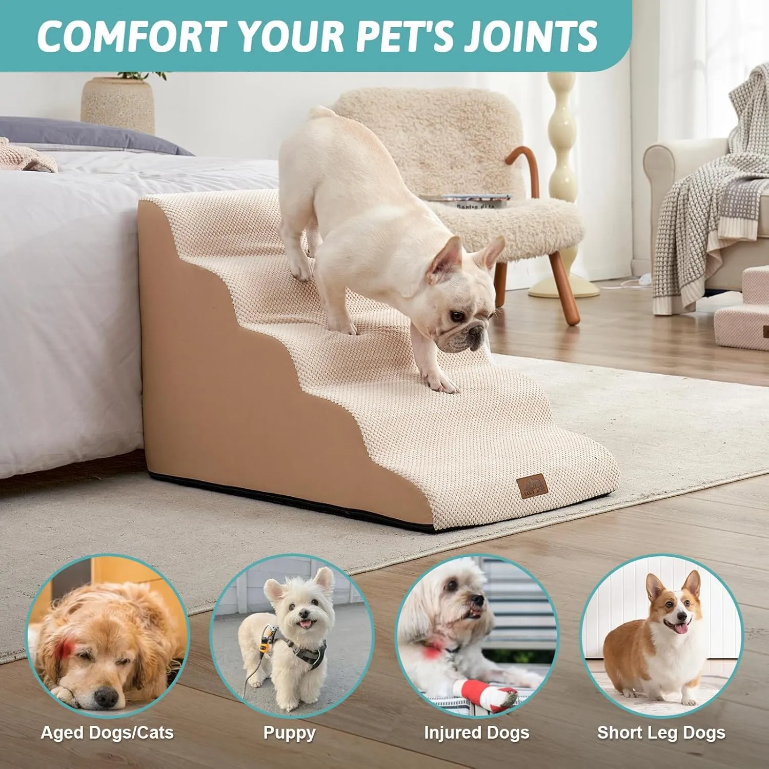 Wide Dog Stairs for Large Dogs 19.7" Width, Dog Step for Small Dogs, Puppy or Cat, Medium Pet Ramp for High Bed or Car, High Density Foam Ladder, 19.7x33x22.4 in, Stable, 5 Step, Beige