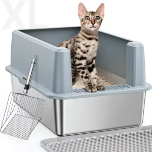 XL Stainless Steel Litter Box, Large Metal Cat Litter Box with High Sided for Big Cats, Enclosed Litter Boxes with Lid, Easy-Clean Cat Litter Mat & Scoop Kit, Non Sticky, Anti-Urine Leakage