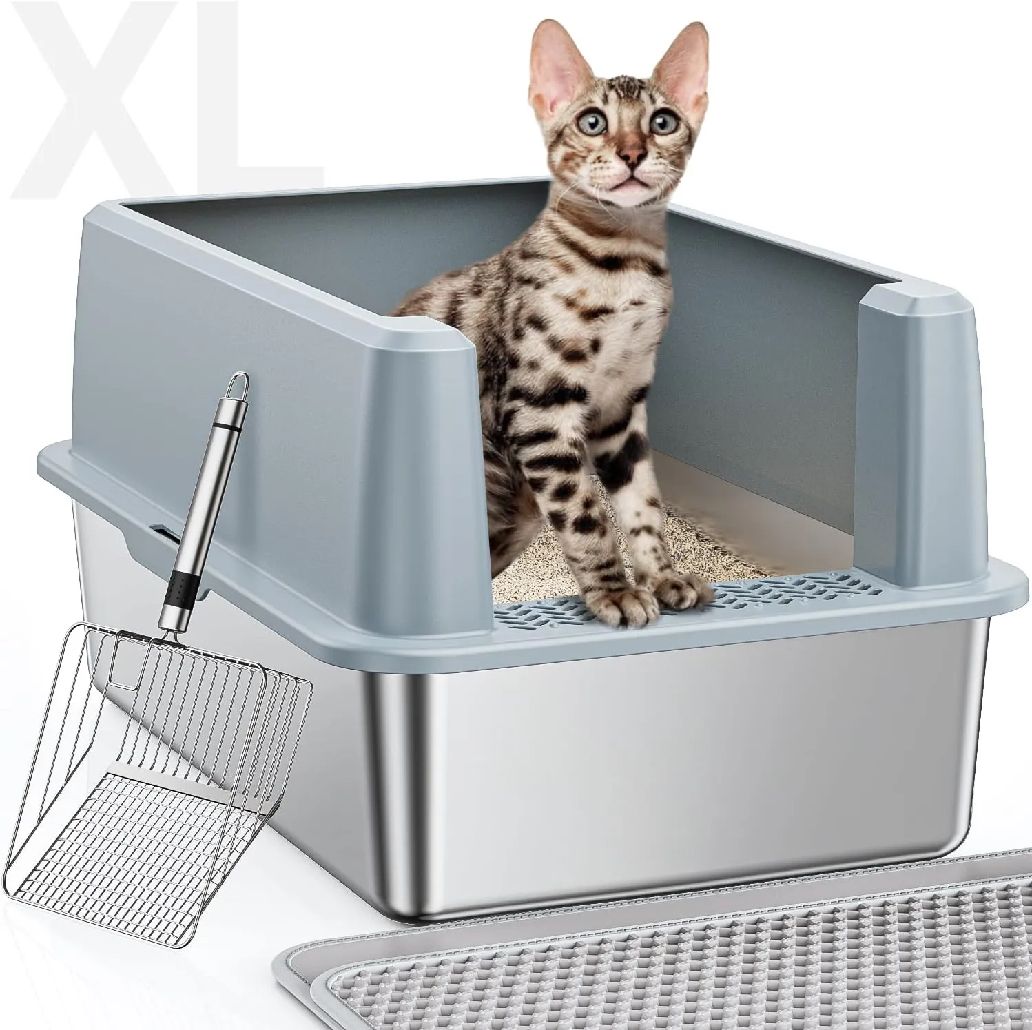 XL Stainless Steel Litter Box, Large Metal Cat Litter Box with High Sided for Big Cats, Enclosed Litter Boxes with Lid, Easy-Clean Cat Litter Mat & Scoop Kit, Non Sticky, Anti-Urine Leakage